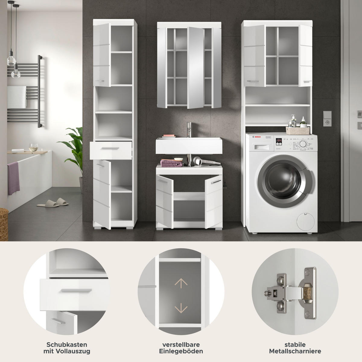 BADKOMBINATION 4tlg. Scout Bad in weiß Nachbildung und weiß hochglanz B/H/T: 190x191x34 cm - Weiß, Holz (190/191/34cm)