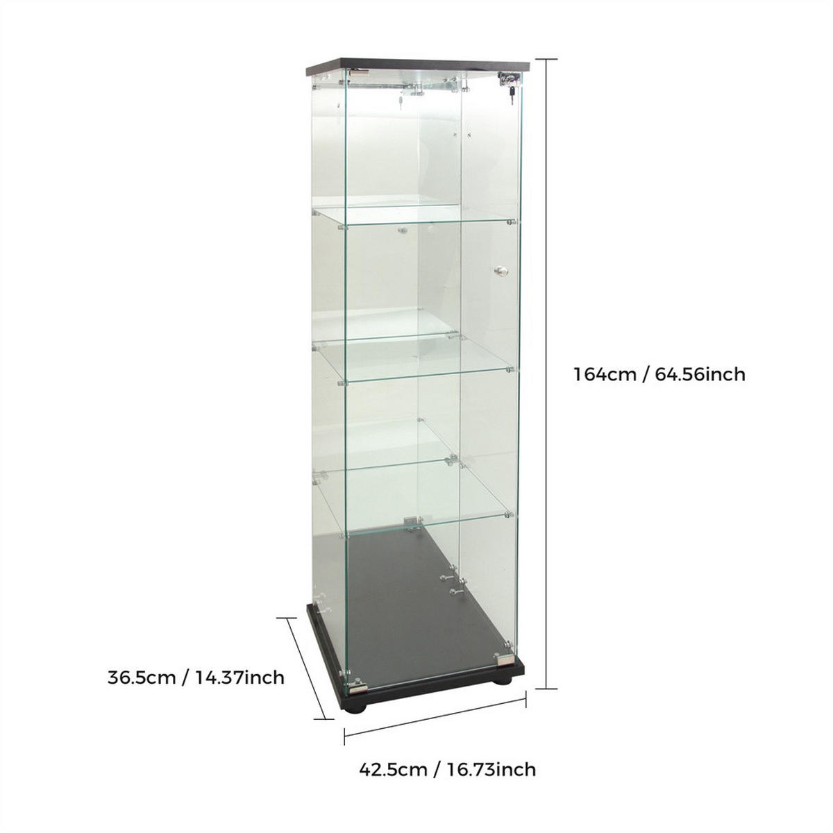 VITRINE - Glasvitrine mit 4 Ebenen - integrierte LED-Beleuchtung - Schwarzer Holzboden - Schwarz, Glas (42.5/164/36.5cm) - DELFA