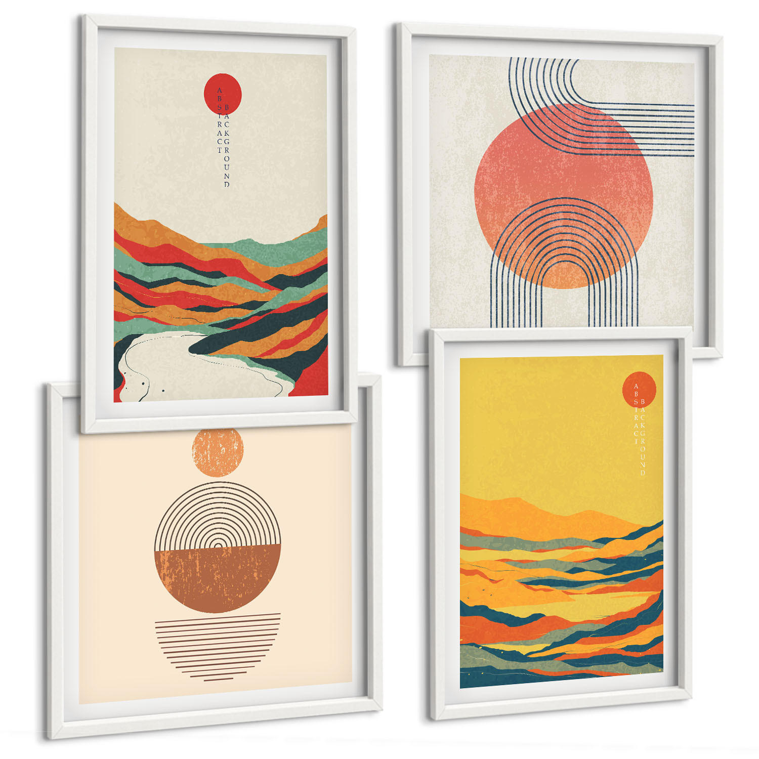 BILDER SET 4er Set - 50x50 cm & 40x60 cm Weißer Rahmen - Farbenfrohe Muster der Japandi-Flussberge - Weiß, Kunststoff (50/50cm) - TULUP