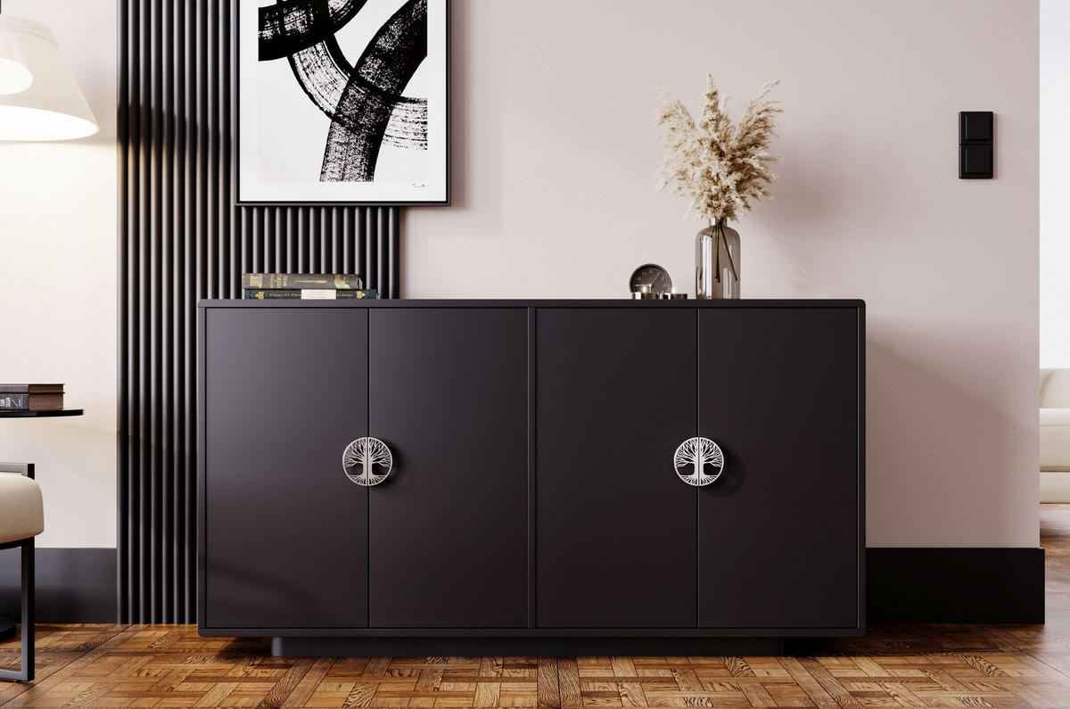 SIDEBOARD Lotta, Schwarz, Silberne Griffen, Abgerundete Kanten - Schwarz, Holzwerkstoff (139/75/40cm) - Dancan