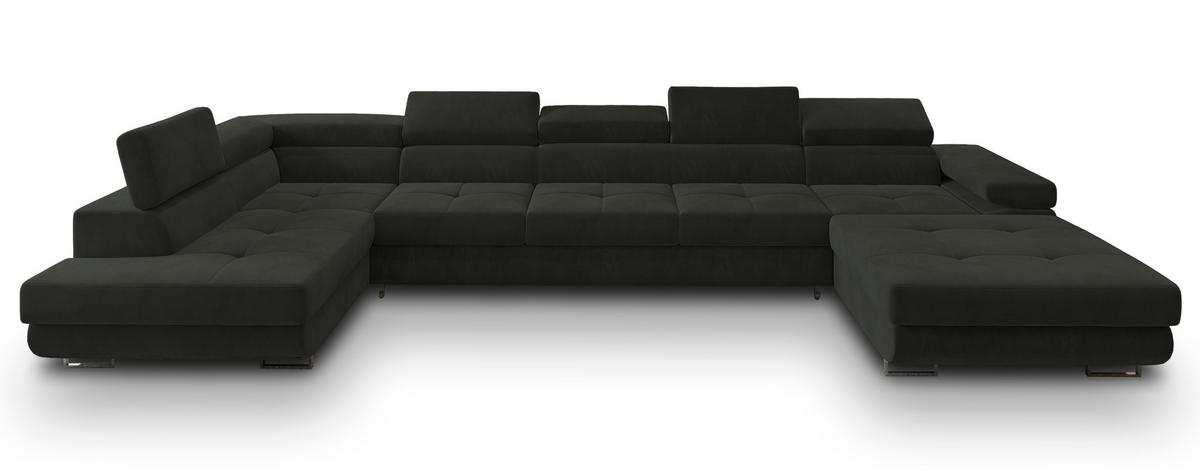 WOHNLANDSCHAFT TORIVA L-S Schwarz Velours-Stoff mit Schlaffunktion - Schwarz, Holz (418/90/202cm) - MASSENO