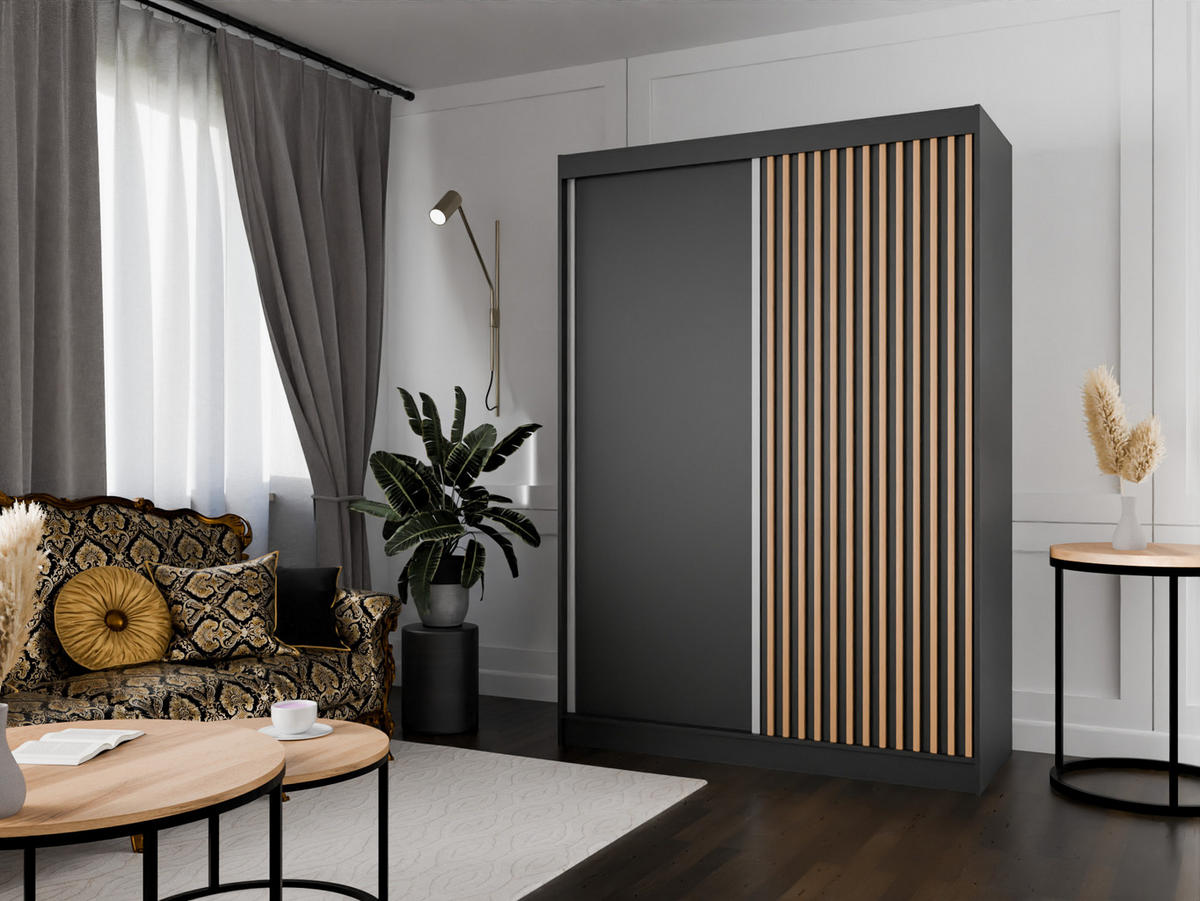 SCHIEBETÜRENSCHRANK LAMELIS - Eiche Wotan/Schwarz, Holzwerkstoff (200/215/61cm) - Meblini