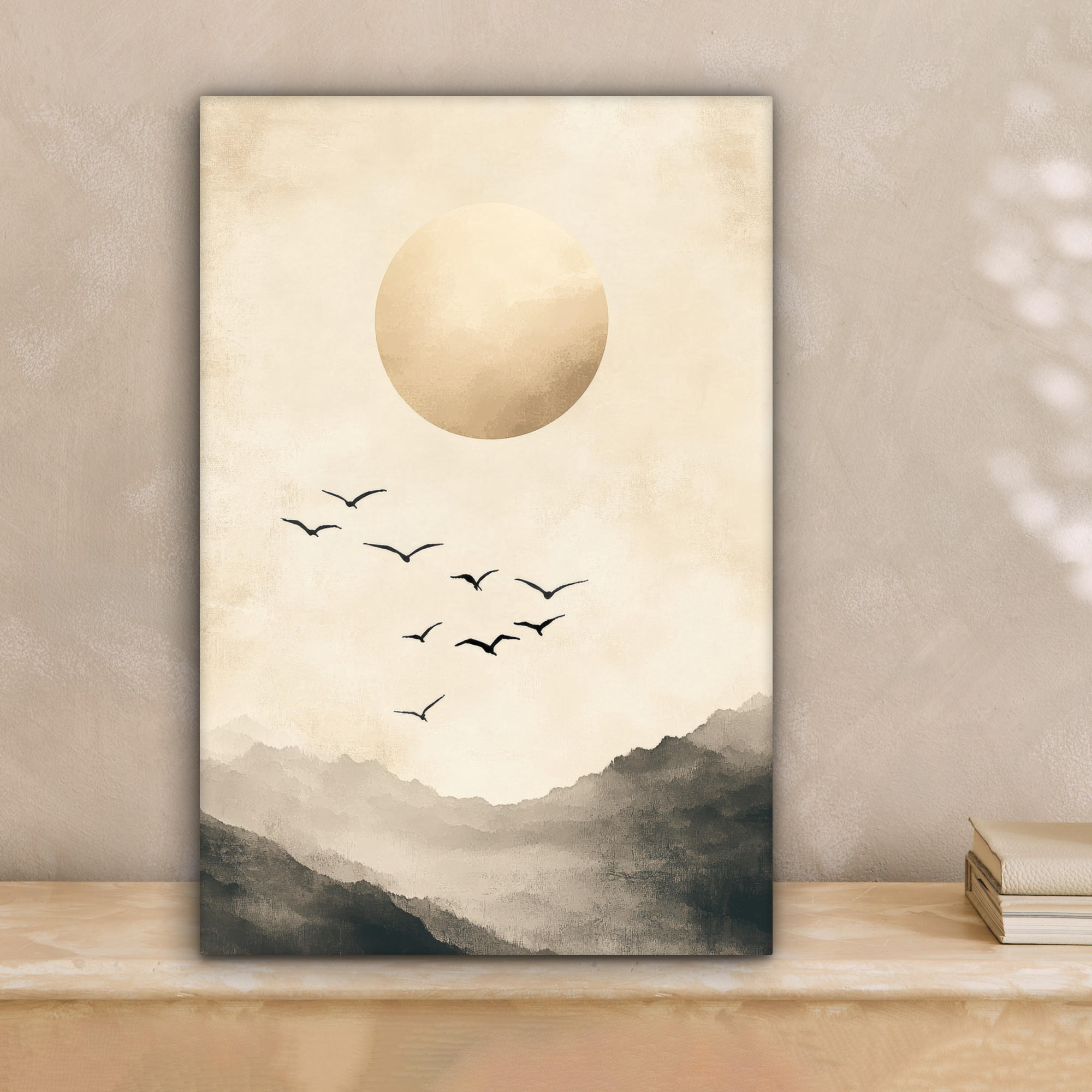 LEINWANDBILD Landschaft - Japandi - Vogel 20x30 cm - Beige, Textil (20/30cm) - MuchoWow