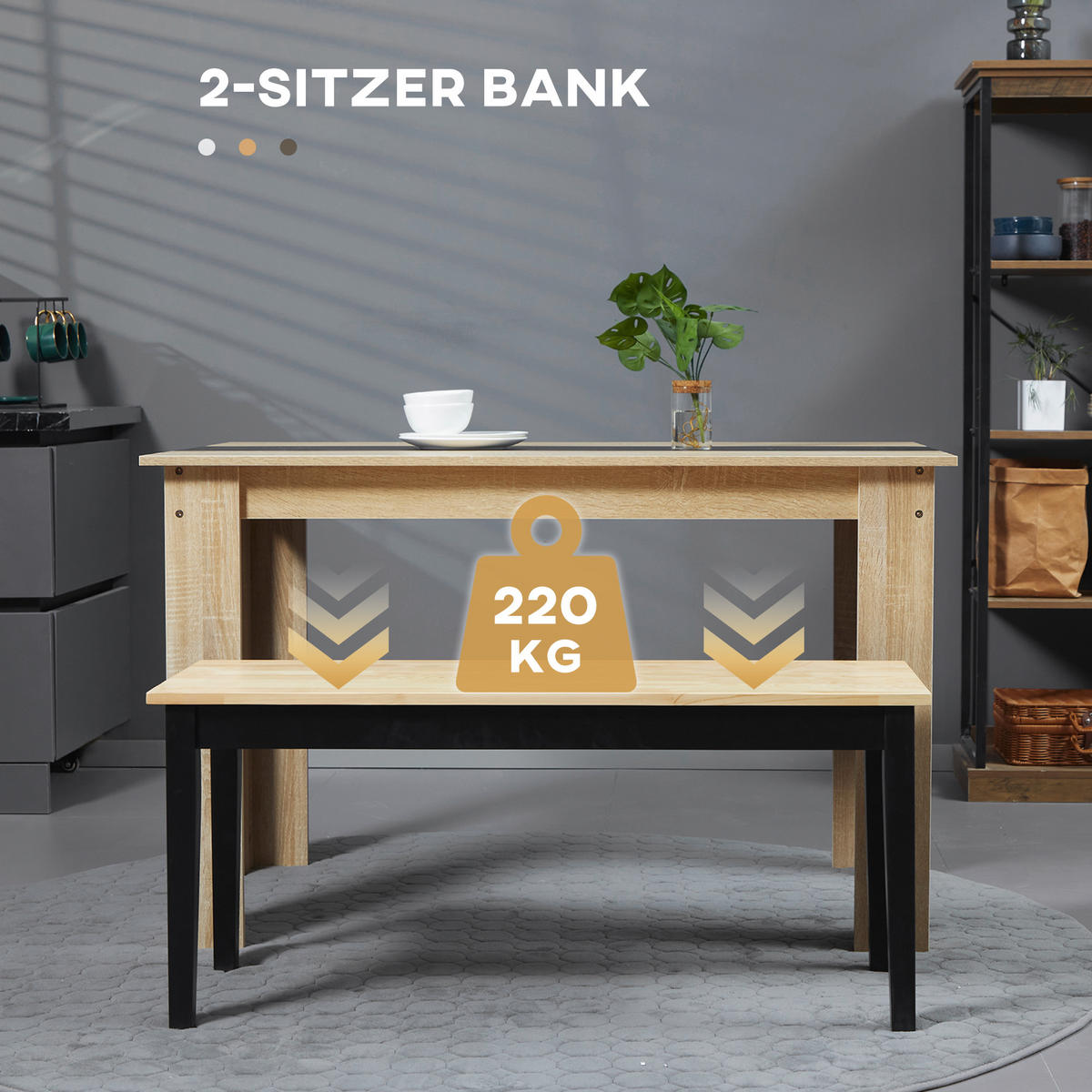 SITZBANK 2-Sitzer Essbank Holzbank, Küchenbank für Eingang bis 220 kg belastbar - Schwarz/Naturfarben, Holz (36/45/102cm) - HOMCOM