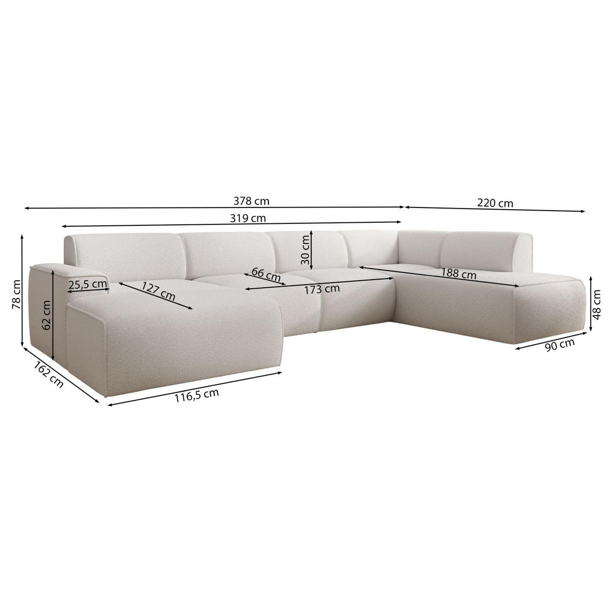 WOHNLANDSCHAFT Bouvi Hellbeige links - Ecru/Schwarz, Kunststoff/Textil (378/220cm) - Selsey