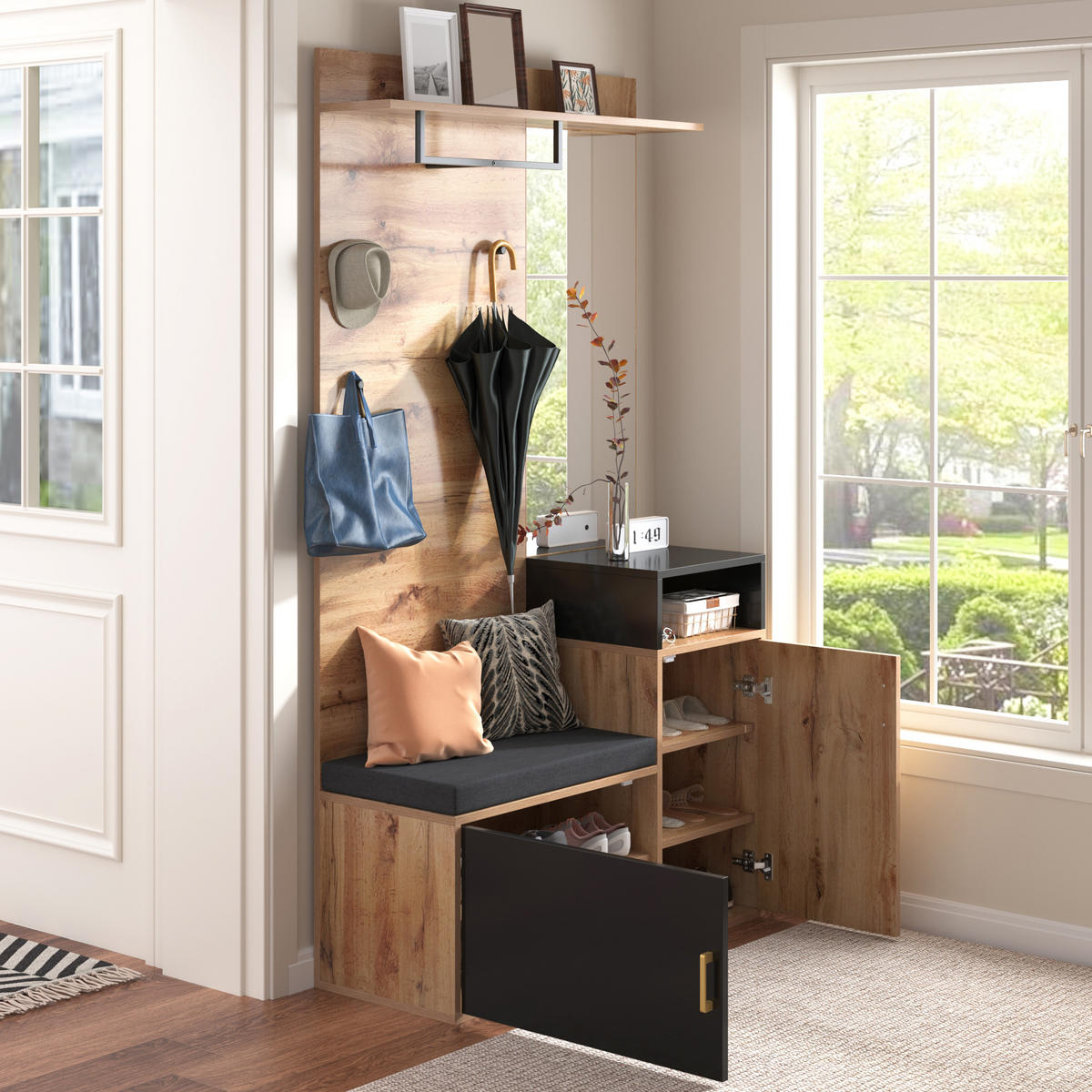 SCHUHSCHRANK aus MDF & Spanplatte 104x38.5x190cm in Schwarz mit Spiegel - Schwarz, Holzwerkstoff (104/190/38.5cm) - Modfu