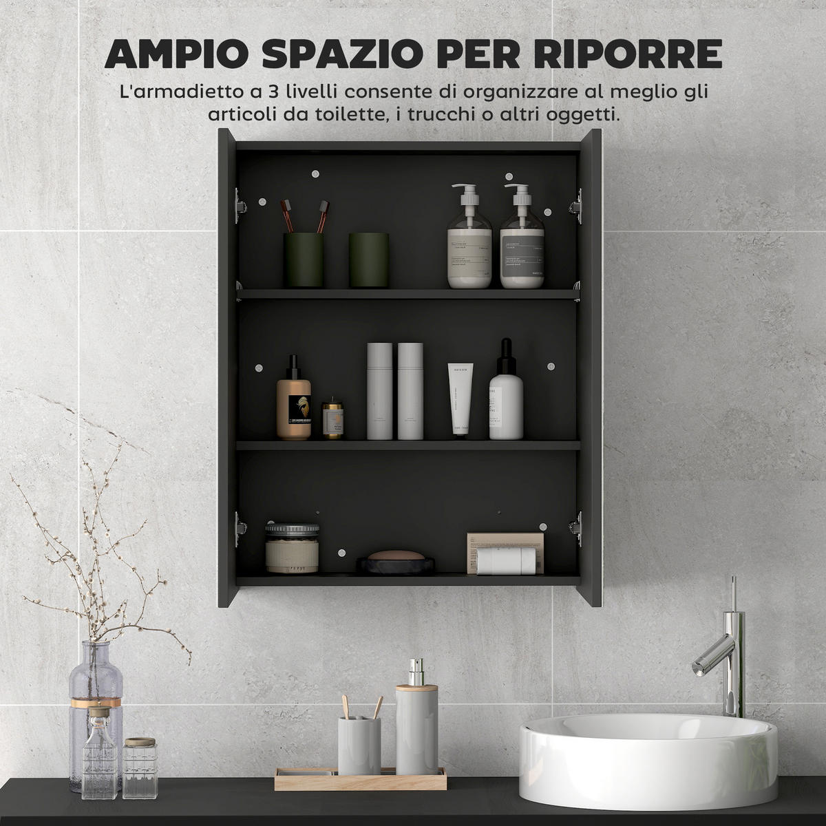 BADEZIMMER-WANDSCHRANK mit 2 Türen, Spiegel und 2 Einlegeböden, 60 x 15 x 75 cm ,Schwarz - Schwarz, Glas (60/75/15cm) - Vallsero
