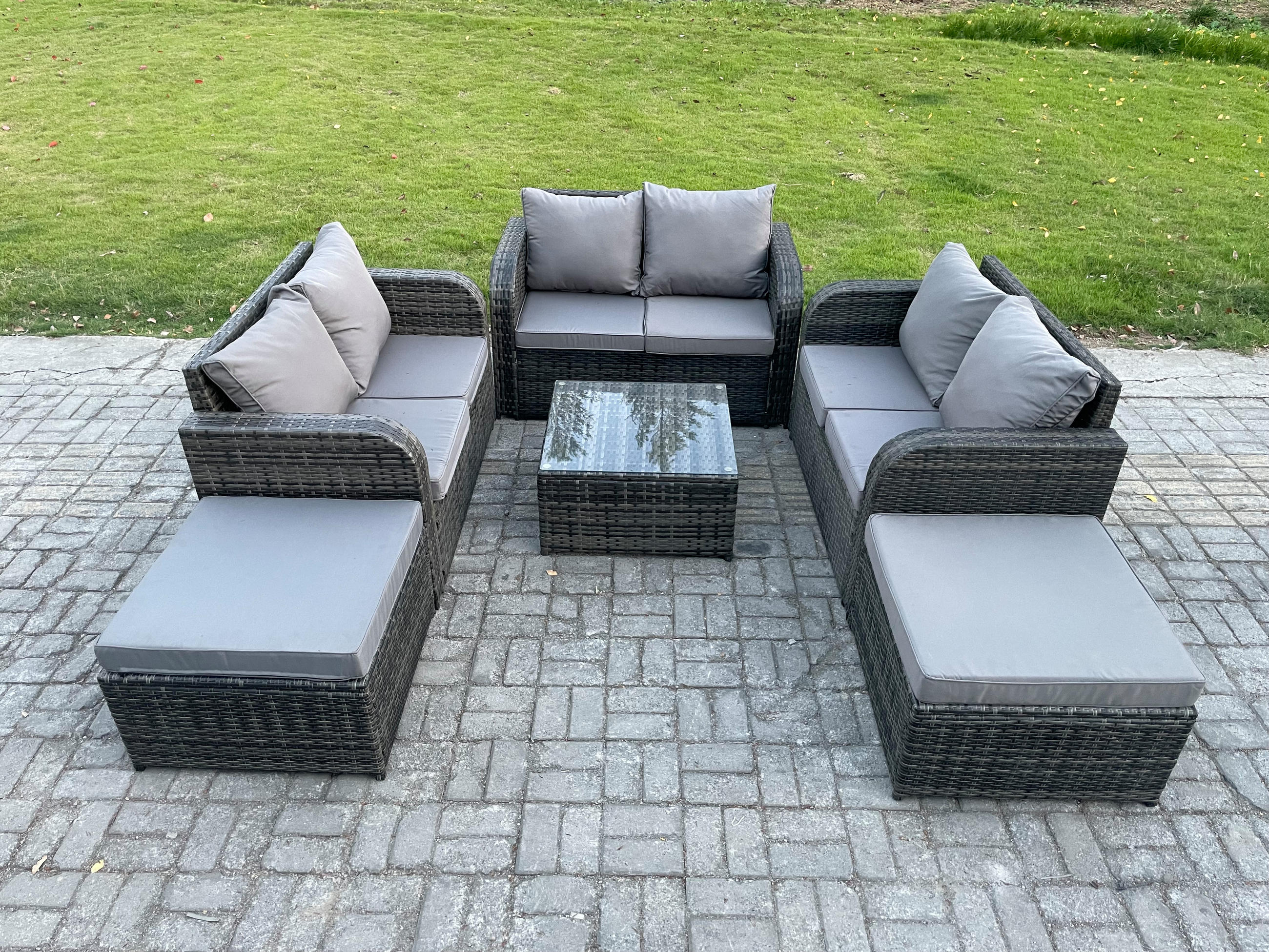 GARTENMÖBEL SET mit COUCHTISCH Polyrattan Dunkelgrau 8-Sitzer - Dunkelgrau/Grau, Glas/Kunststoff - Fimous