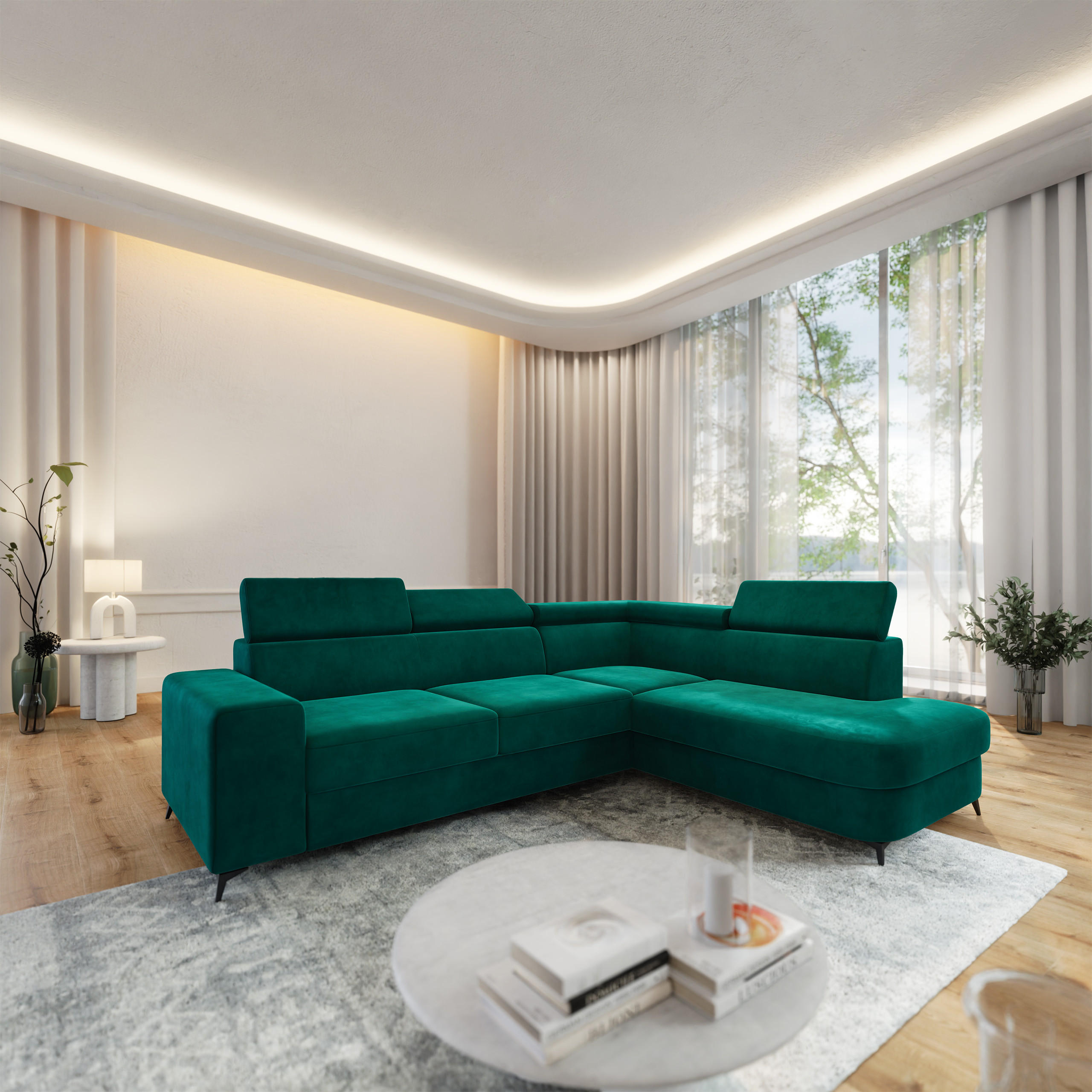 ECKSOFA ALVORO R-S Grün Velours-Stoff mit Schlaffunktion - Grün, Holz (253/190cm) - MASSENO