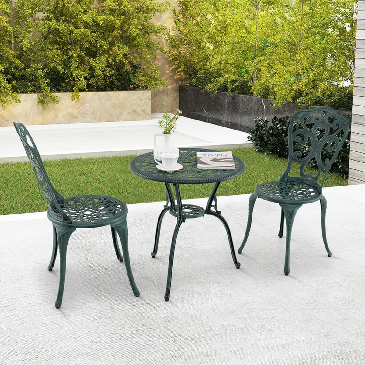 BISTROSET 3-teilig – Gartentisch mit 2 Stühlen, wetterfest - Grün, Metall - Auledio