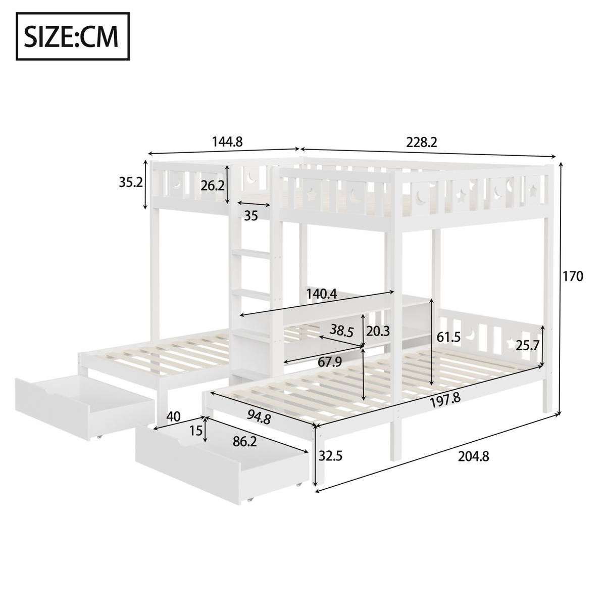 PATROVÁ postel 140/200+2x90/200 cm bílá z dřeva se schůdky a úložným prostorem - bílá, kompozitní dřevo (90/200cm) - OKWISH