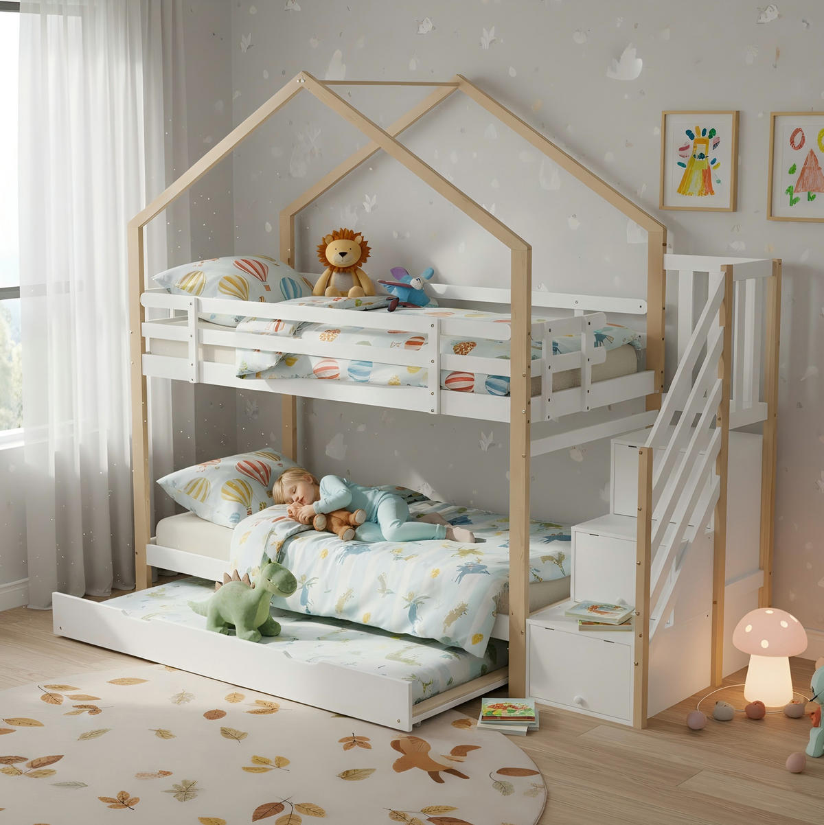 KATNI krevet od masivnog drva i MDF-a 90x200 cm bijela i natur s izvlačivim ležajem, stepenicama i ladicama - bijela, drvni materijal (90/200cm) - Modfu