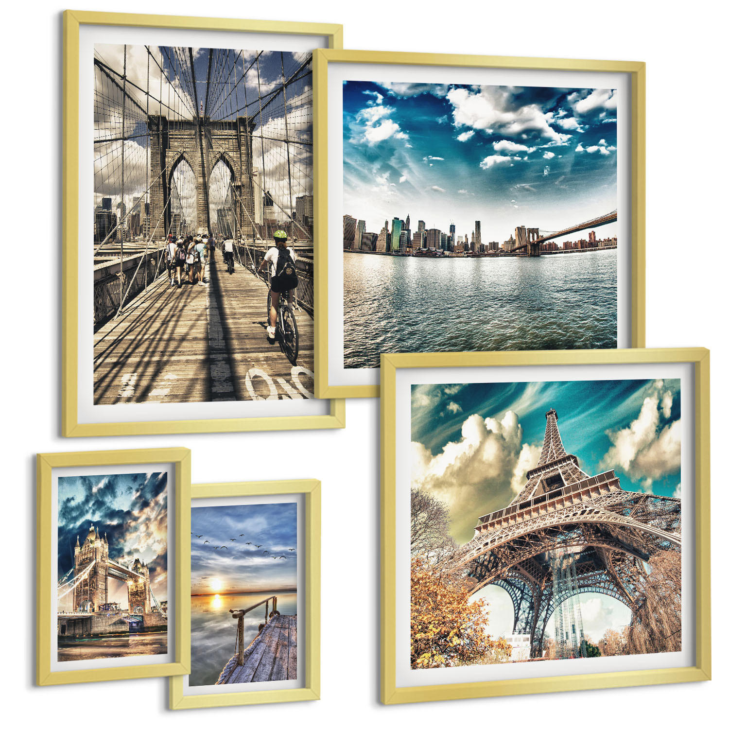 BILDER SET 5er Set - 50x50 cm & 20x30 cm & 40x60 cm Goldrahmen - Abstrakte geometrische Formen - Goldfarben, Kunststoff (40/60cm) - TULUP