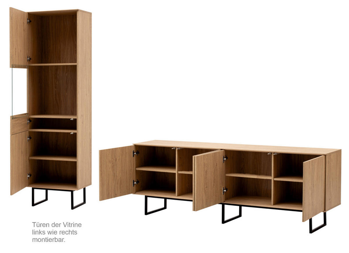 WOHNWAND in Eiche Dekor, Wohnzimmer Set mit TV Lowboard 200 cm und Vitrinenschrank, Push-Open-Funktion - Eichefarben/Schwarz, Holzwerkstoff/Metall (270/200/40cm) - Furn.Design