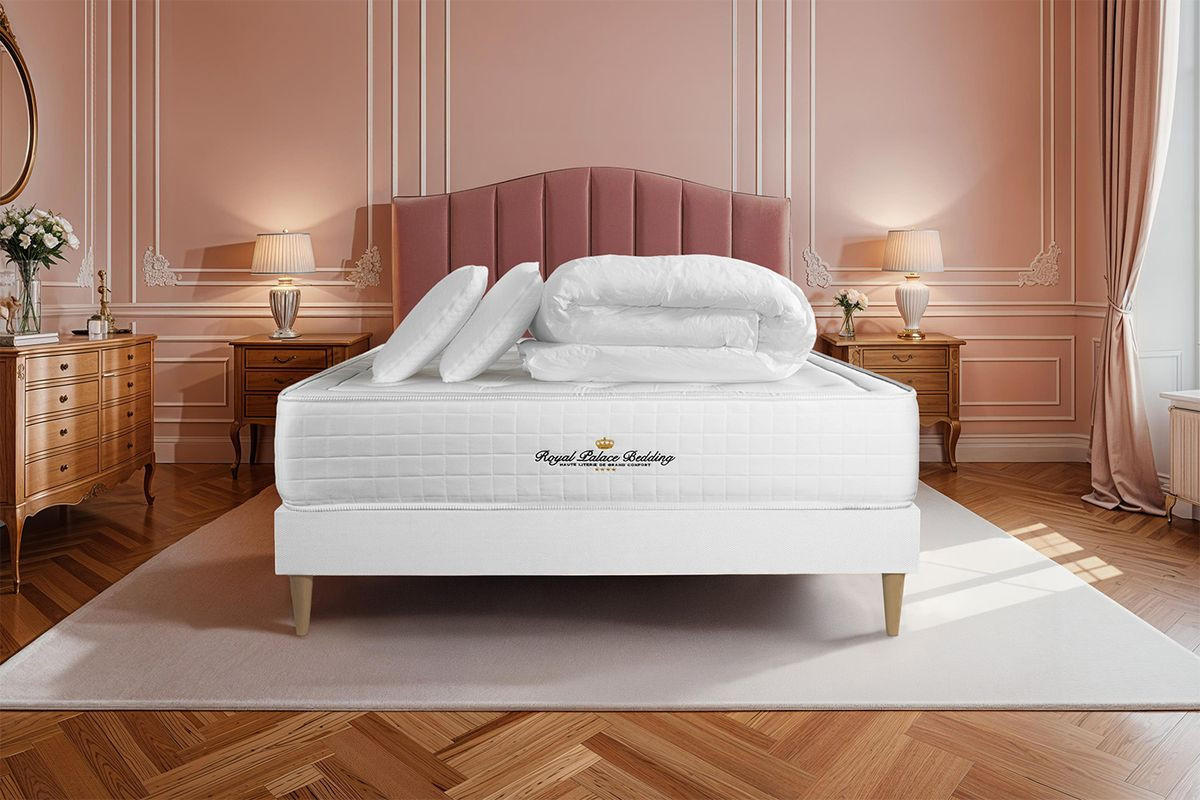 BETT Buckingham Memory-Schaum 140 x 190 cm h1 - Kit Bettgestell Weiß - Mit Kissen und Bettdecke - Beige/Weiß, Karton/Holz (140/190cm) - ROYAL PALACE BEDDING