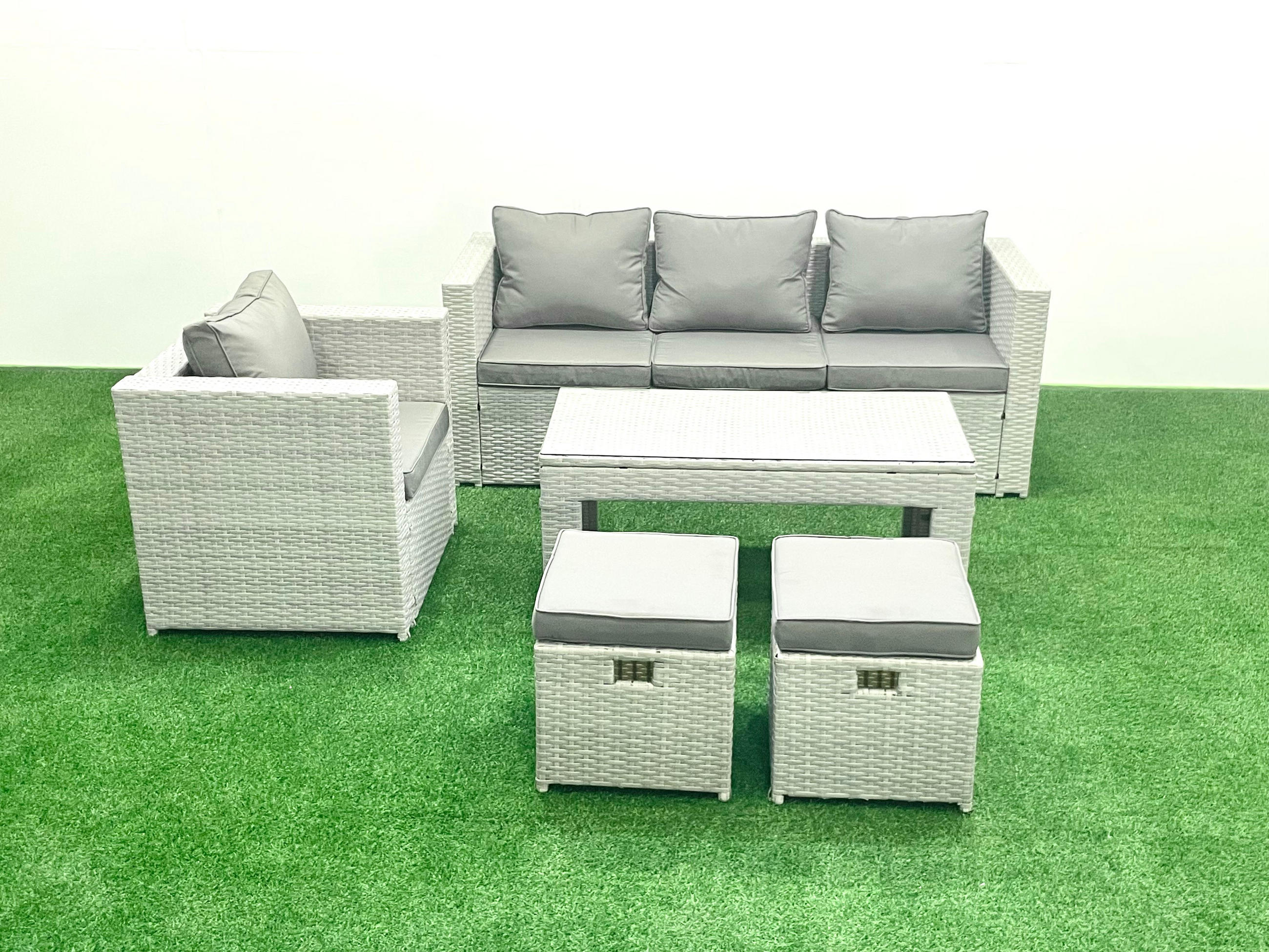 GARTENSET mit 3-SITZER SOFA,COUCHTISCH Polyrattan Hellgrau-Mix 6-Sitzer - Hellgrau/Grau, Glas/Kunststoff - Fimous