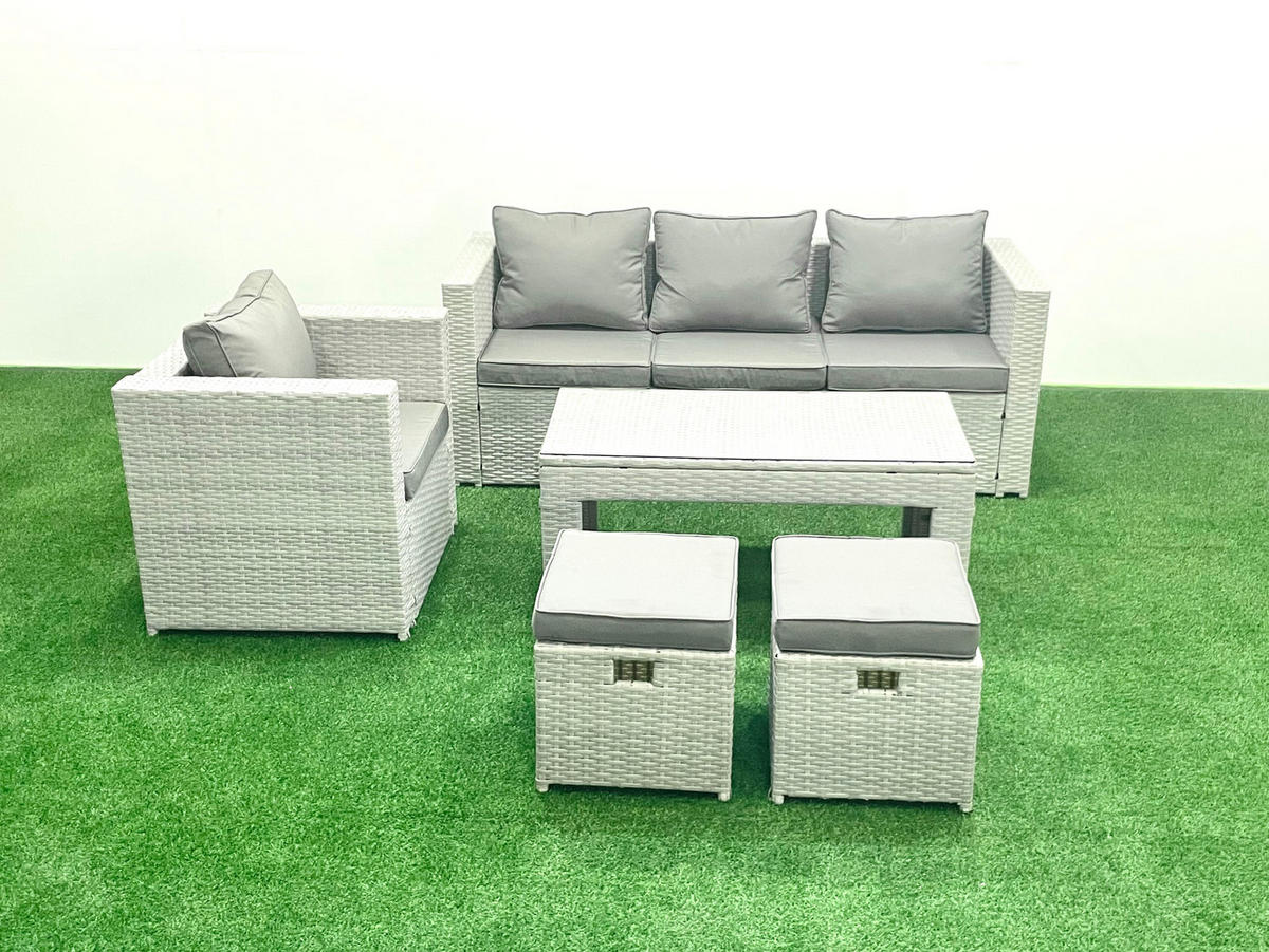 GARTENSET mit 3-SITZER SOFA,COUCHTISCH Polyrattan Hellgrau-Mix 6-Sitzer - Hellgrau/Grau, Glas/Kunststoff - Fimous