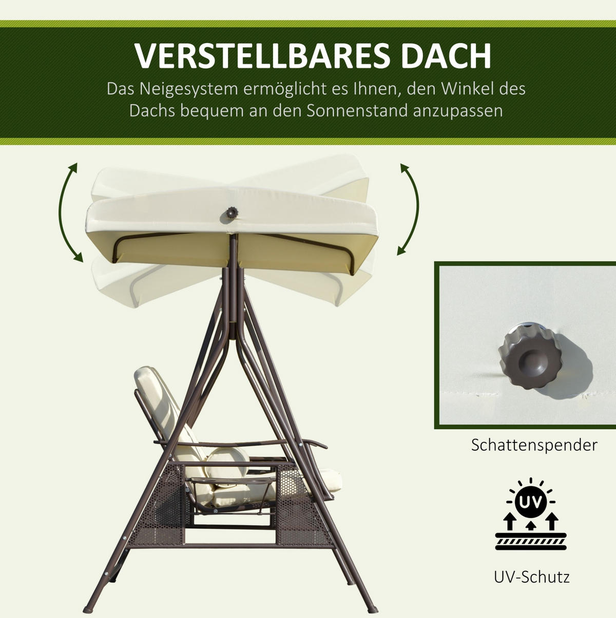 HOLLYWOODSCHAUKEL 162/118/173 cm mit verstellbarem Sonnendach, Seitenablagen und Metallgestell, Beige - Beige, Metall (118/173/162cm) - Redom