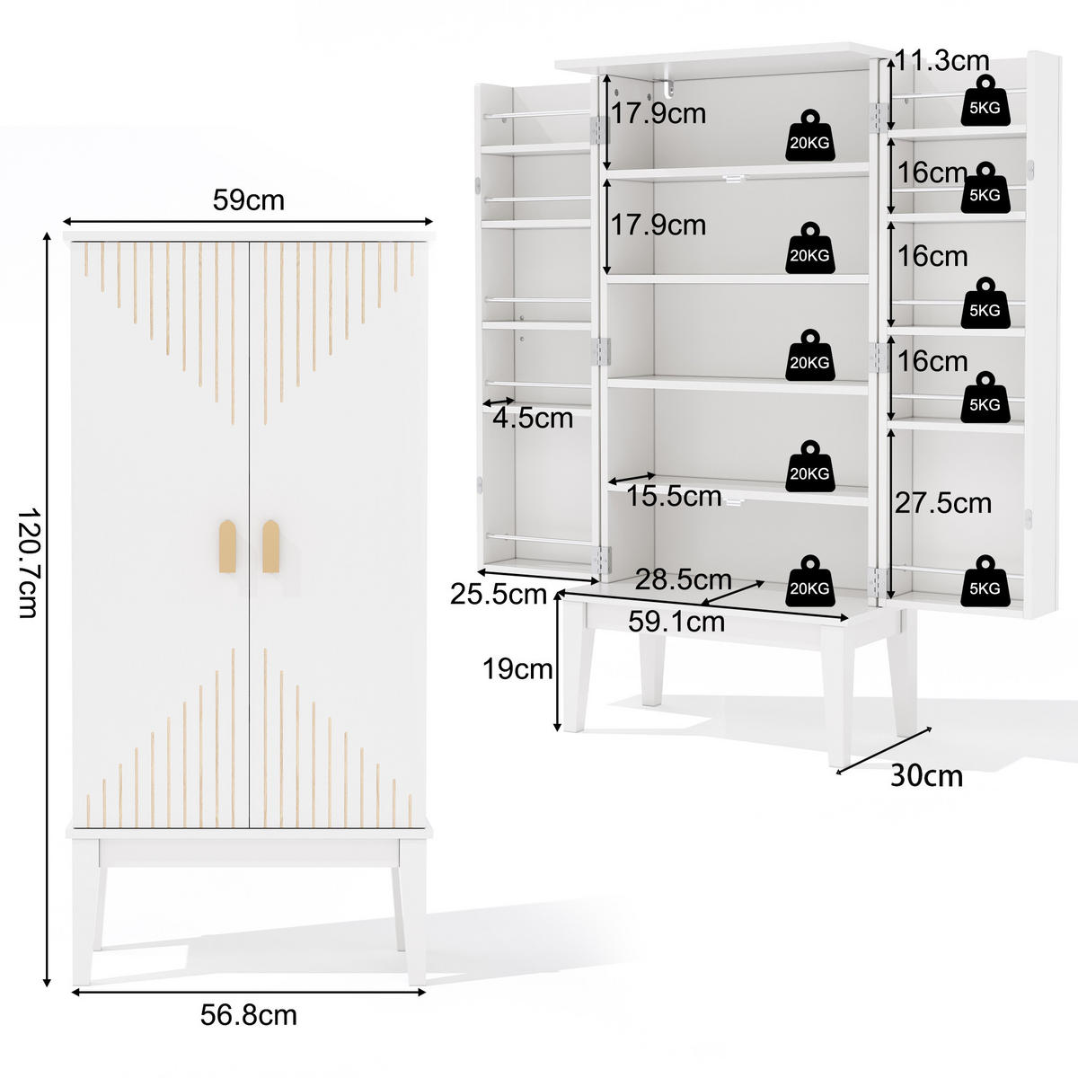 BUFFET 120/30/59 cm Weiß aus MDF mit 2 Türen - Weiß, Holzwerkstoff (59/120/30cm) - OKWISH