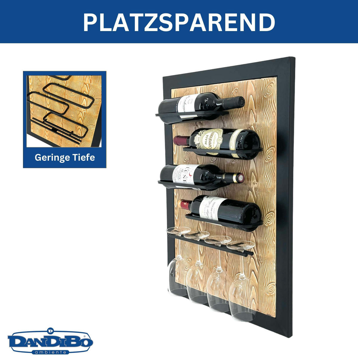 WEINREGAL Wand mit Glashalter Metall Schwarz 50/12/70 cm - Schwarz, Metall (50/70/12cm) - DanDiBo