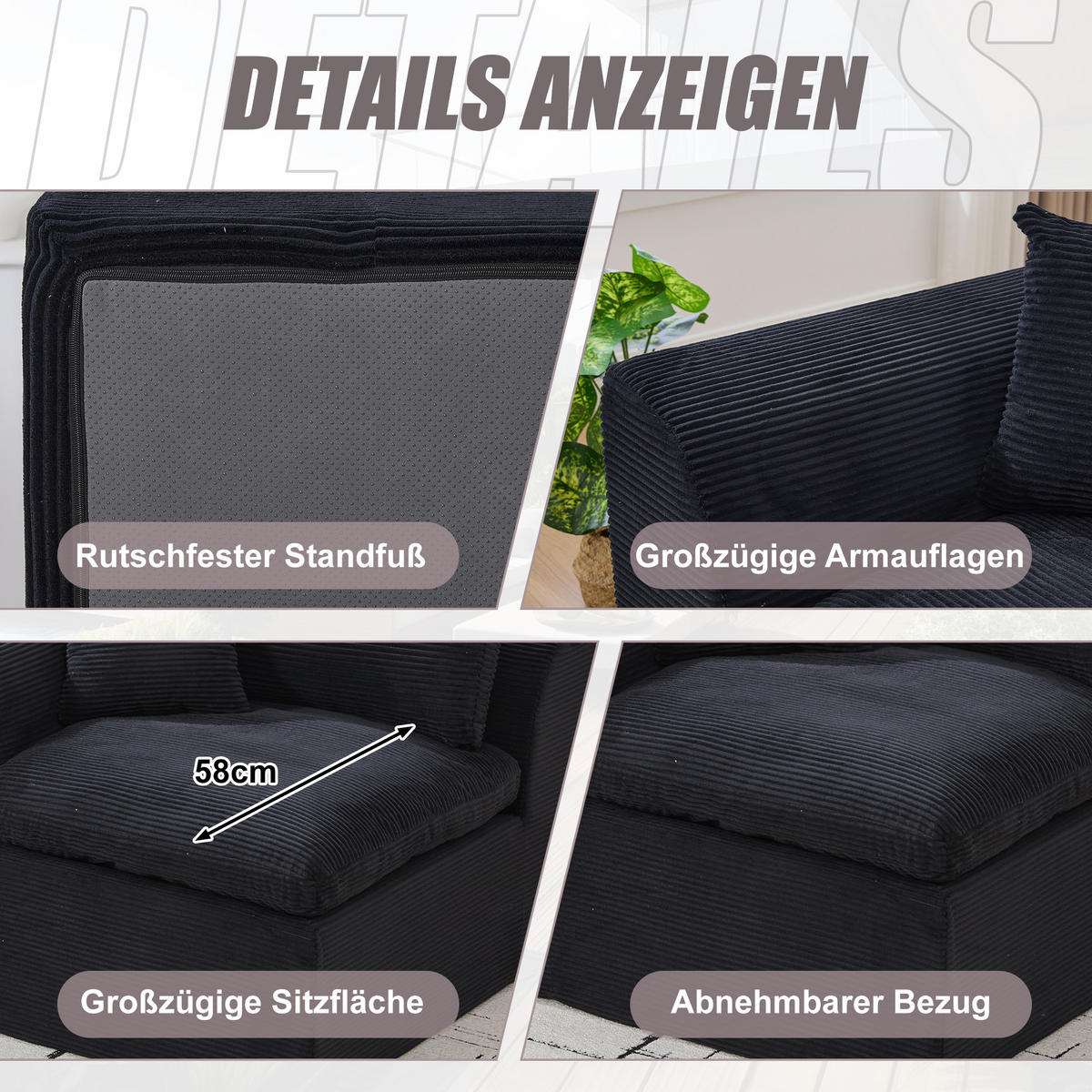 SESSEL Cord-Sofa mit Federkern-Polsterung und Kissen, Montagefrei - Schwarz, Textil (101/84/102cm) - Urban Meuble