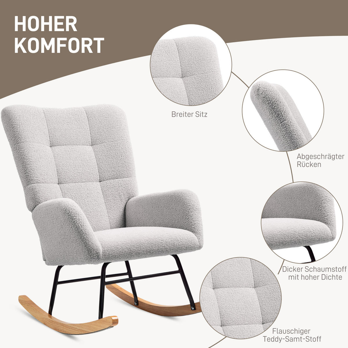SCHAUKELSTUHL, Schaukelsessel mit Armlehne, Teddysamt-Optik, Hellgrau - Hellgrau, Textil (70/100/94cm) - HOMCOM