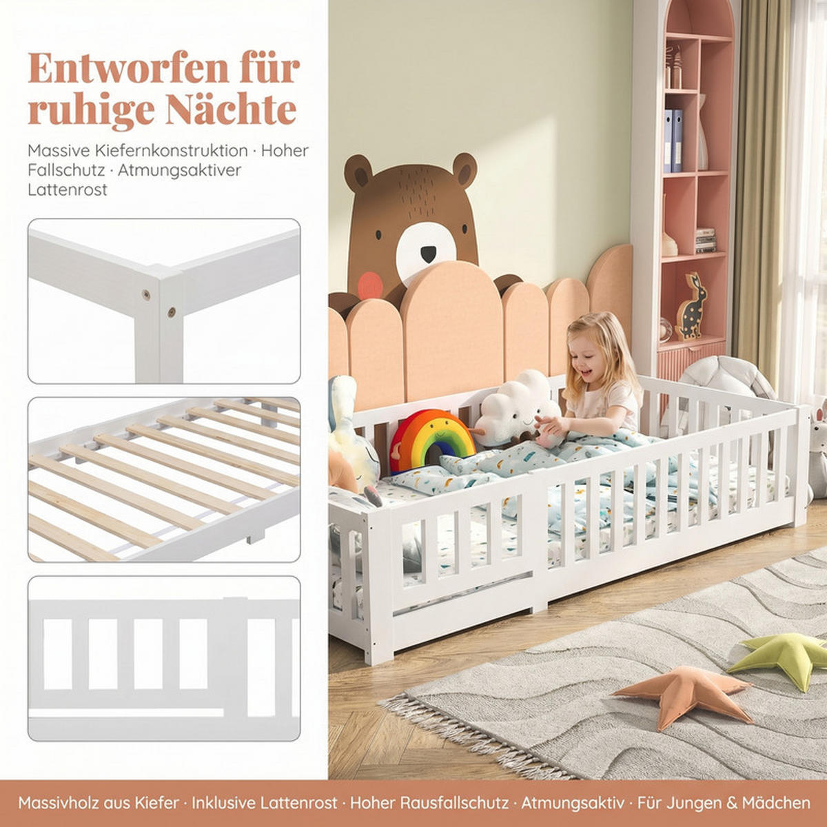 KINDERBETT 90/200 cm weiß mit Schutzgitter - Weiß, Holz