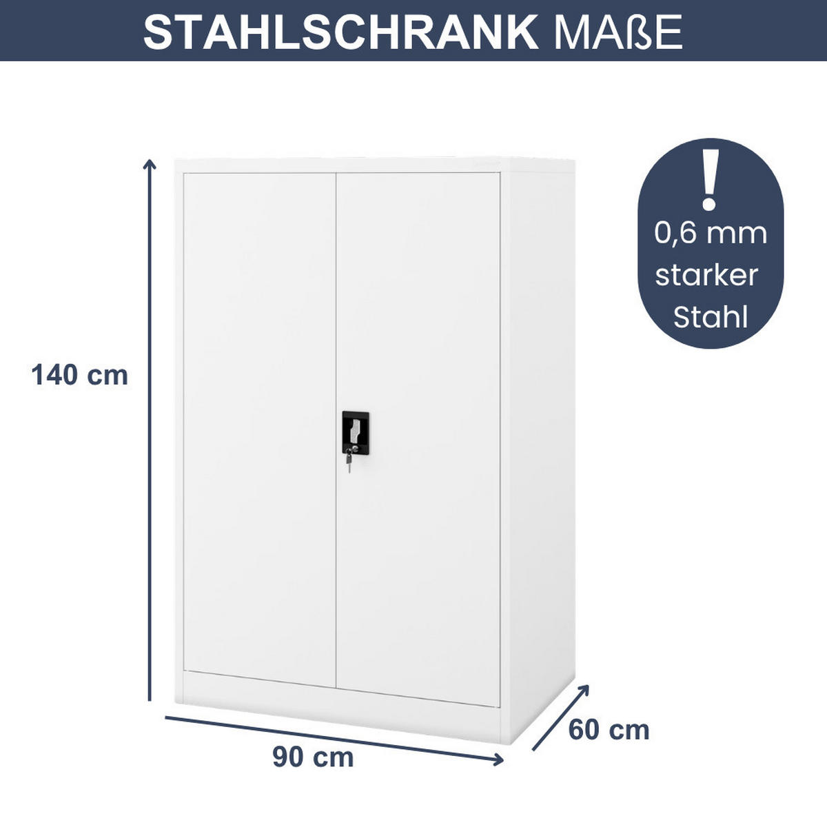 AKTENSCHRANK abschließbar KADO Flügeltüren 140x90x60cm Weiß - Weiß, Metall (90/140/60cm) - DELUKE