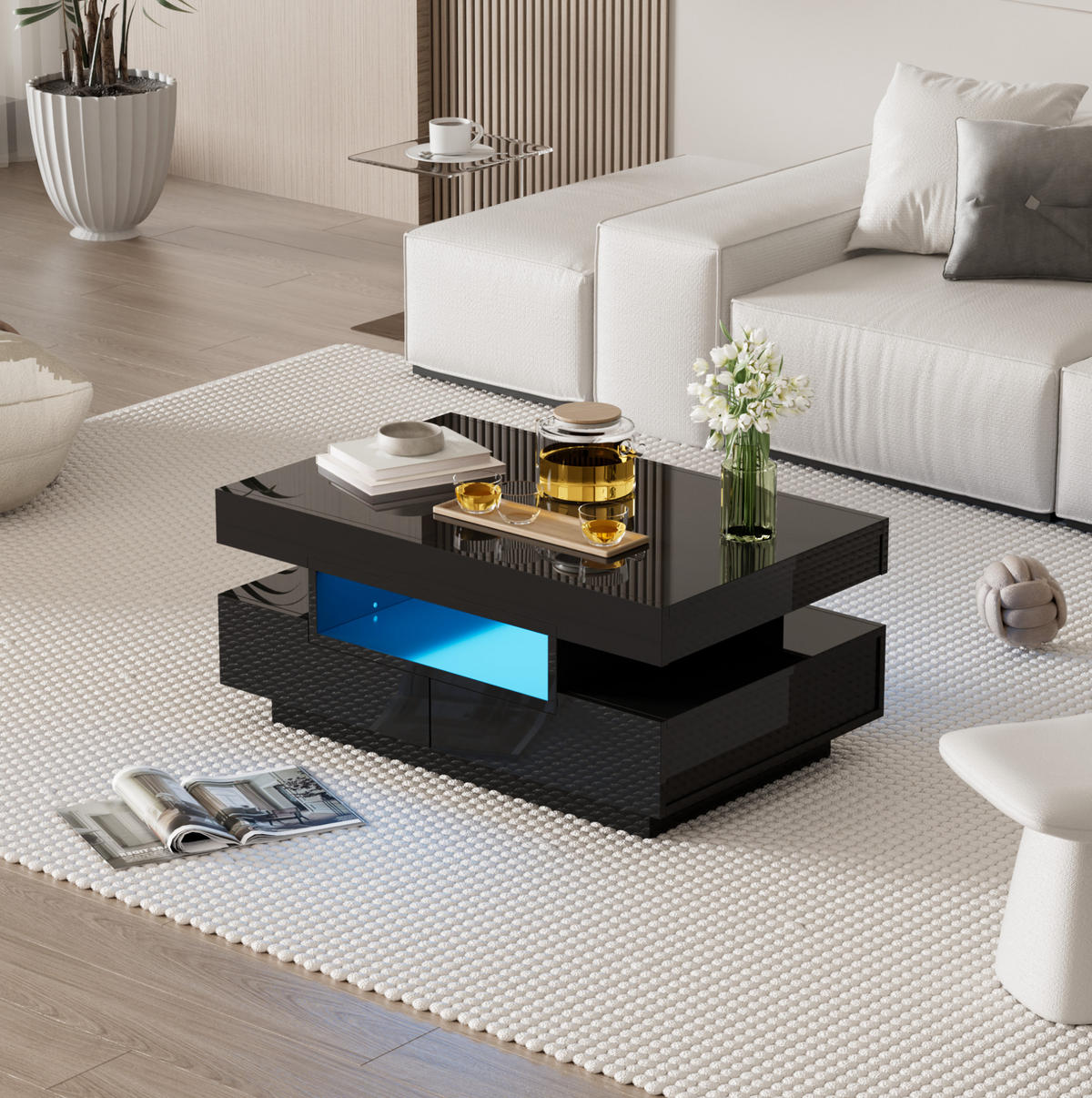 COUCHTISCH aus Spanplatte 80x50x36 cm in Schwarz mit LED-Beleuchtung - Schwarz, Holzwerkstoff (80/50/36cm) - Modfu