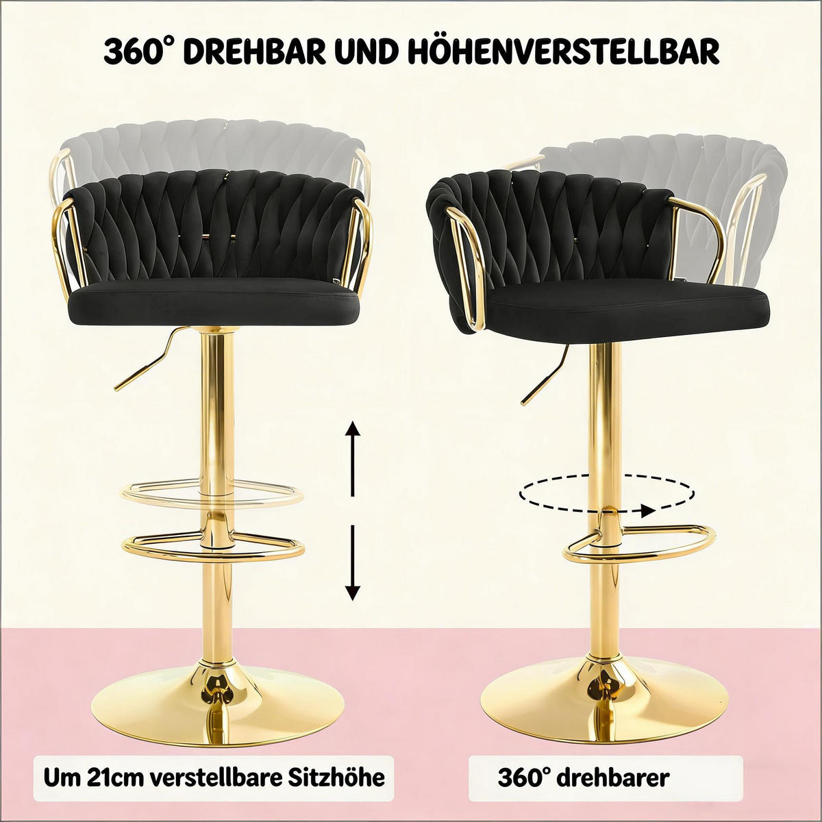 BARHOCKER DE-36090 Drehbar höhenverstellbar mit Samtbezug Schwarz - Schwarz, Metall (49.5/98/50.5cm) - ComfortXL