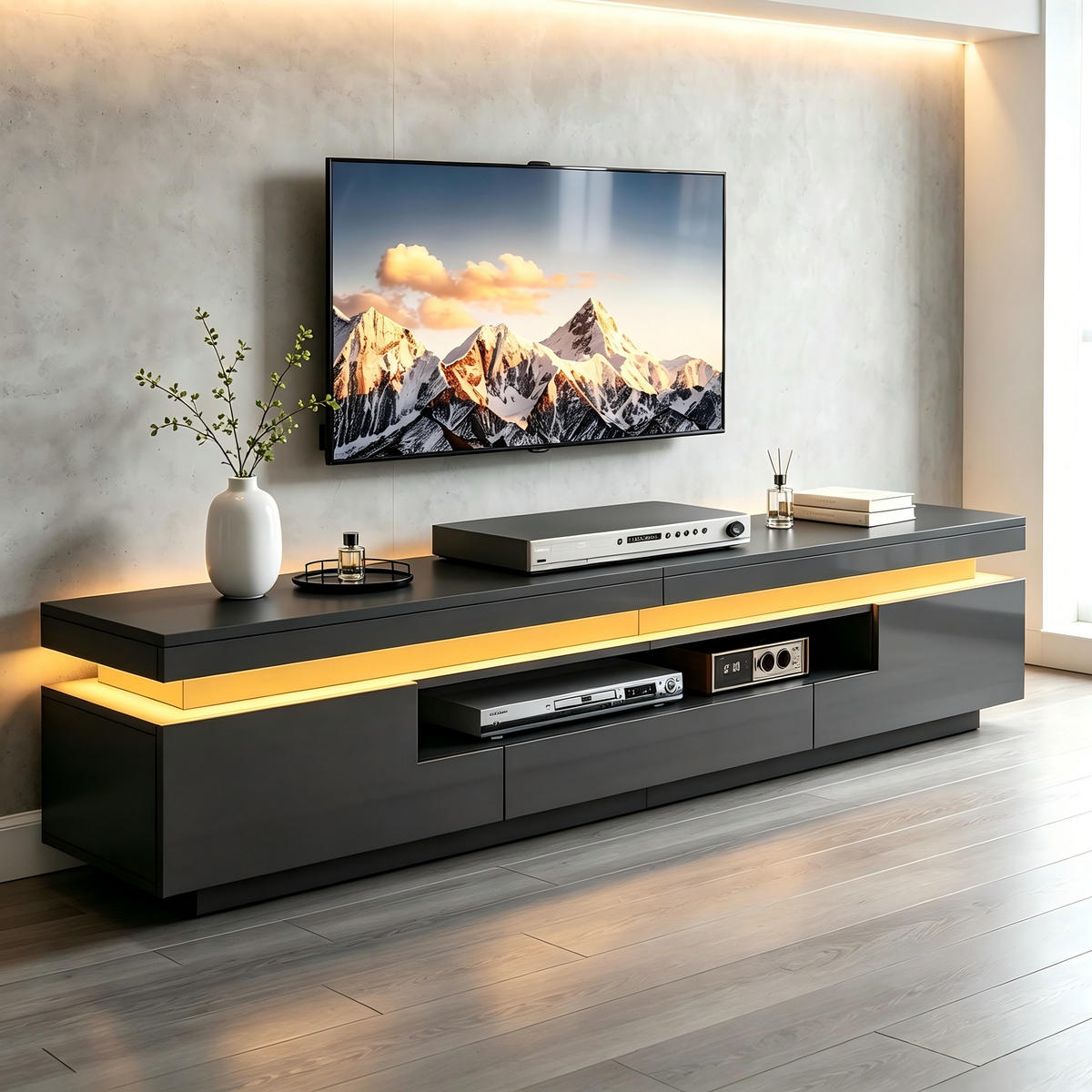 TV-ELEMENT 175/38/45 cm Hochglanz Schwarz mit LED-Beleuchtung und Stauraum - Schwarz, Holzwerkstoff (38/45/175cm) - Korfee