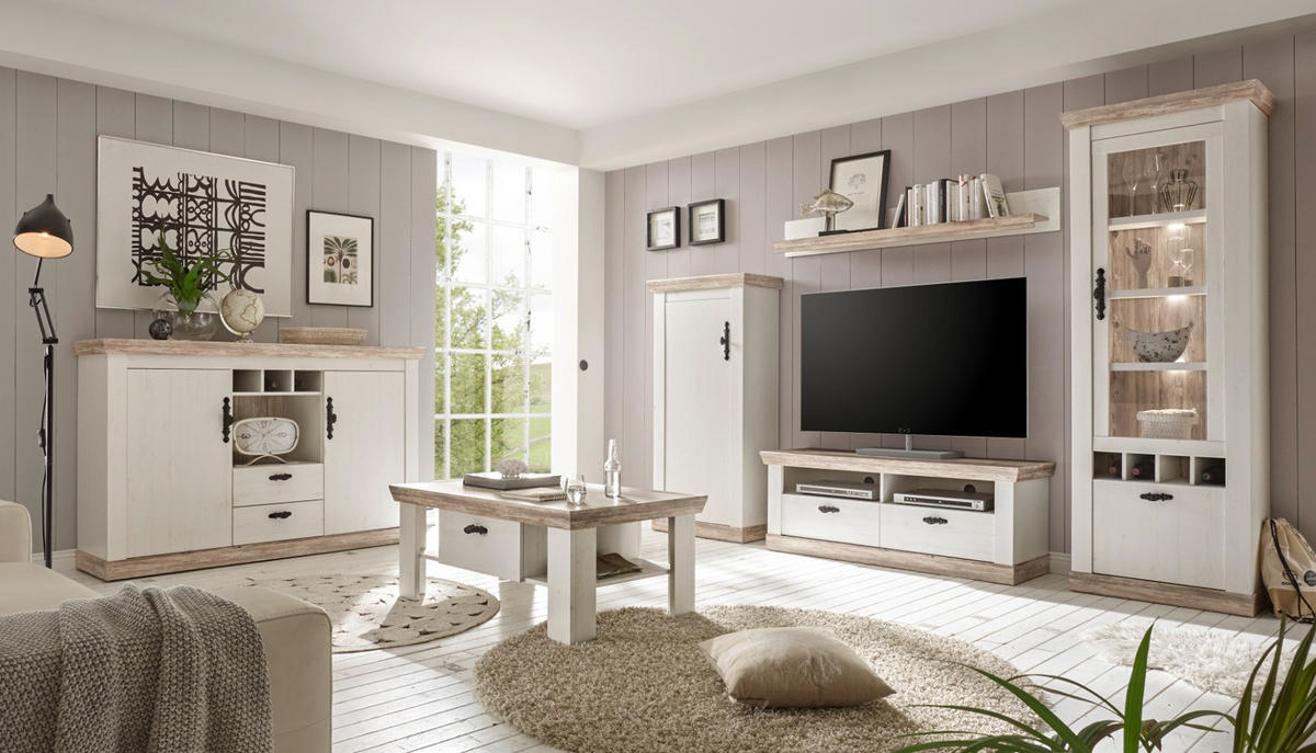 WOHNWAND Pinie weiß, Oslo Pinie Landhaus, Schrankwand 4-teilig, 296 x 201 cm - Anthrazit/Weiß, Holzwerkstoff/Metall (296/201/44cm) - Furn.Design