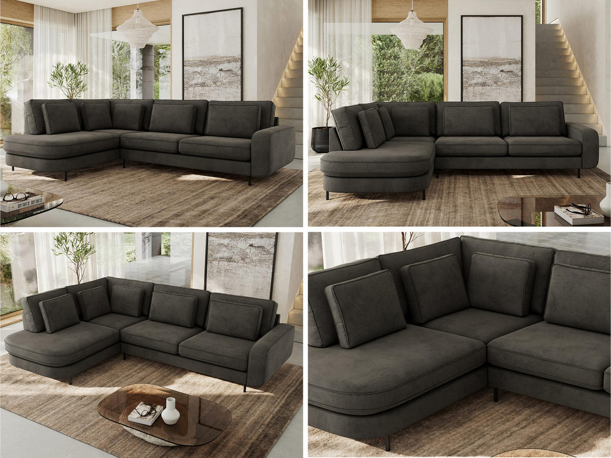ROHOVÁ SEDAČKA CALENO L - Šedá Samet - Pravá Strana - šedá/černá, kov/textil (317/225cm) - MKS