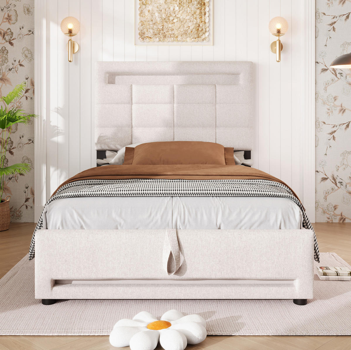 BETT mit Stauraum und LED 90x200 cm Leinen Beige - Beige, Metall (90/200cm) - Meubliv