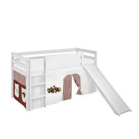 SPIELBETT JELLE Dinos Braun Beige - Hochbett - mit Rutsche und Vorhang - Weiß, Holz - Lilokids