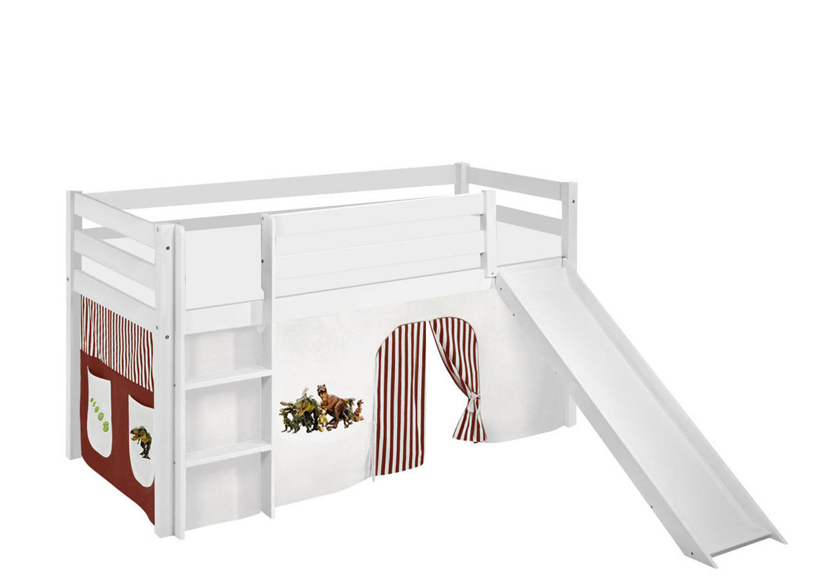 SPIELBETT JELLE Dinos Braun Beige - Hochbett - mit Rutsche und Vorhang - Weiß, Holz - Lilokids