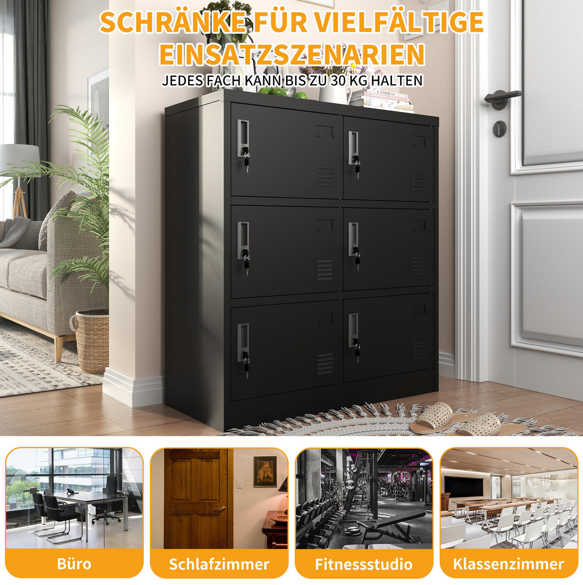 METALLSCHRANK 90/40/100 cm mit 6 Türen und Schlössern – schwarz - Schwarz, Metall (40/100/90cm) - BEAOK