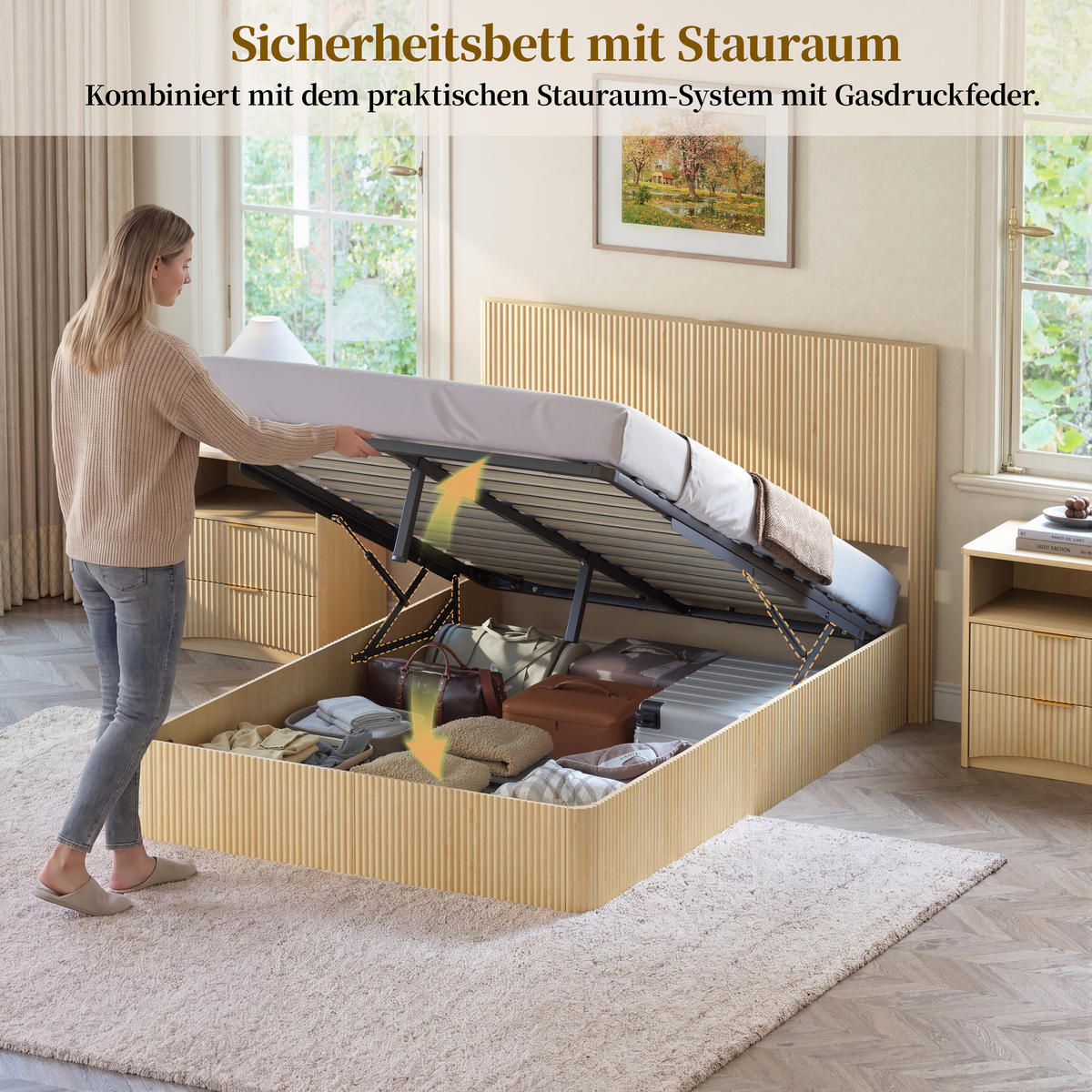 BETT 140/200 cm in Hell Eiche mit Bettkasten - Eichefarben, Holzwerkstoff/Metall (140/200cm) - WISHDOR