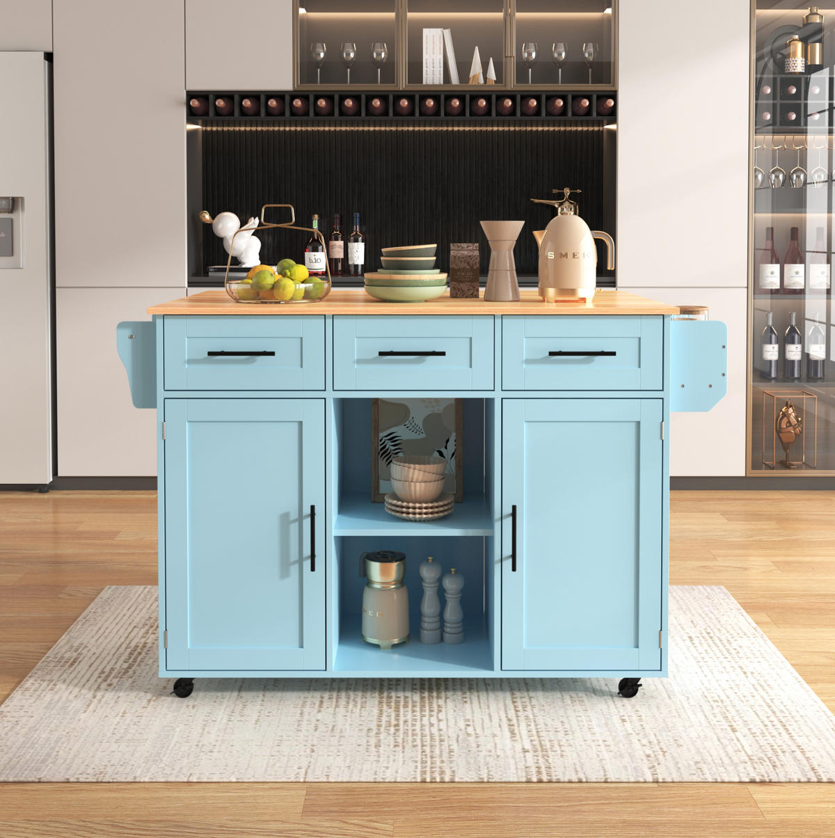 KÜCHENINSEL 139/46/91,5 cm blau aus MDF mit Klappplatte - Blau, Holzwerkstoff (139/91.5/46cm) - OKWISH