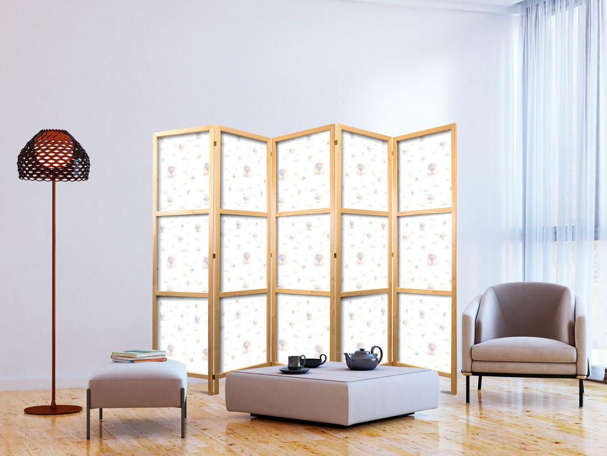 PARAVENT Japanischer 5-tlg 225x172 cm Luftballons Und Wolken - Weiß, Holz/Textil (225/172/3cm) - Muralo