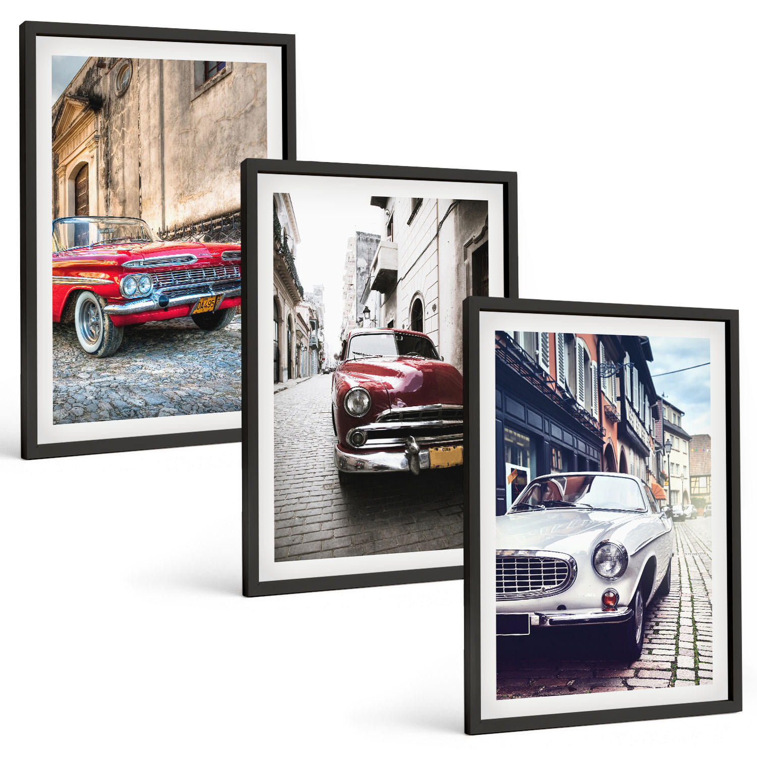 BILDER SET 3er Set - 40x60 cm Schwarzer Rahmen - Oldtimer in Städten - Schwarz, Kunststoff (40/60cm) - TULUP