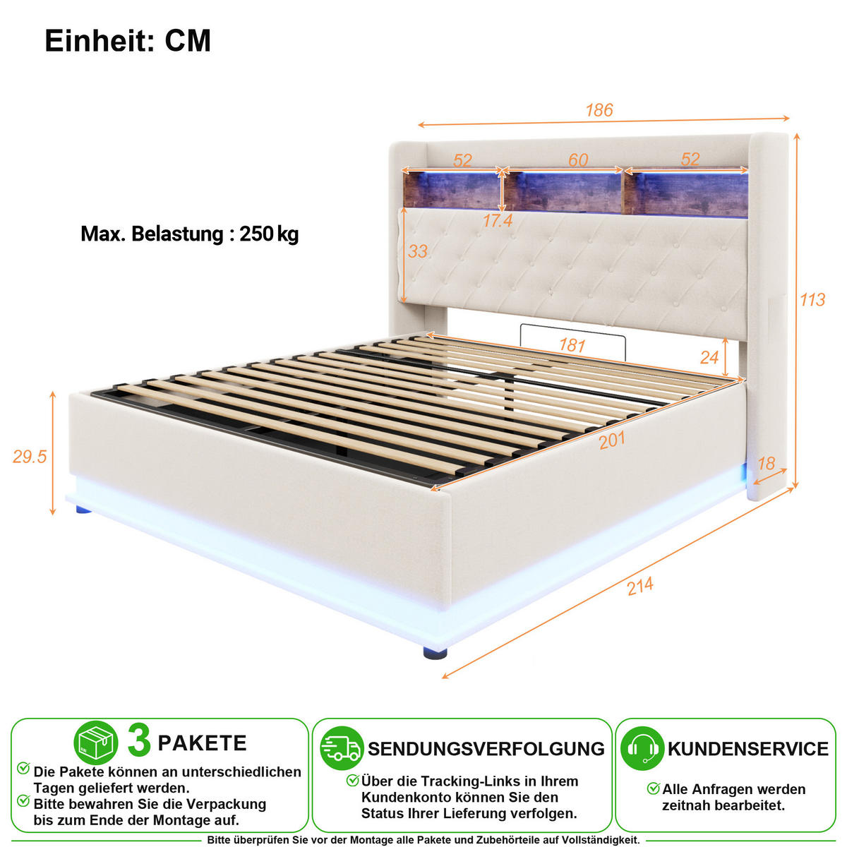 POLSTERBETT 180/200 cm in Beige mit LED, USB und Bettkasten Leinen - Beige, Holzwerkstoff/Textil (180/200cm) - CHICFURN