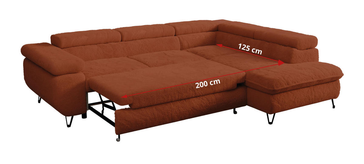 ECKSOFA PETER L Orange Plüsch - Links Seite - Schwarz/Orange, Textil/Metall (208/273cm) - MKS