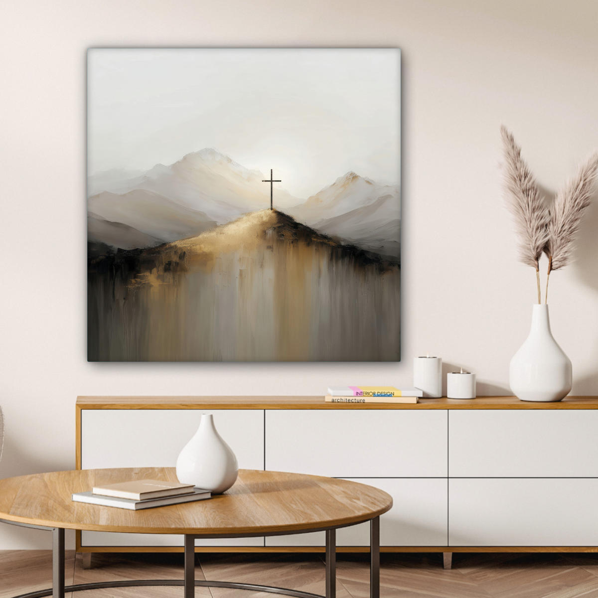 LEINWANDBILD Hügel - Abstrakt - Kreuz - Christentum Deko Groß 90x90 cm - Beige, Textil (90/90cm) - MuchoWow