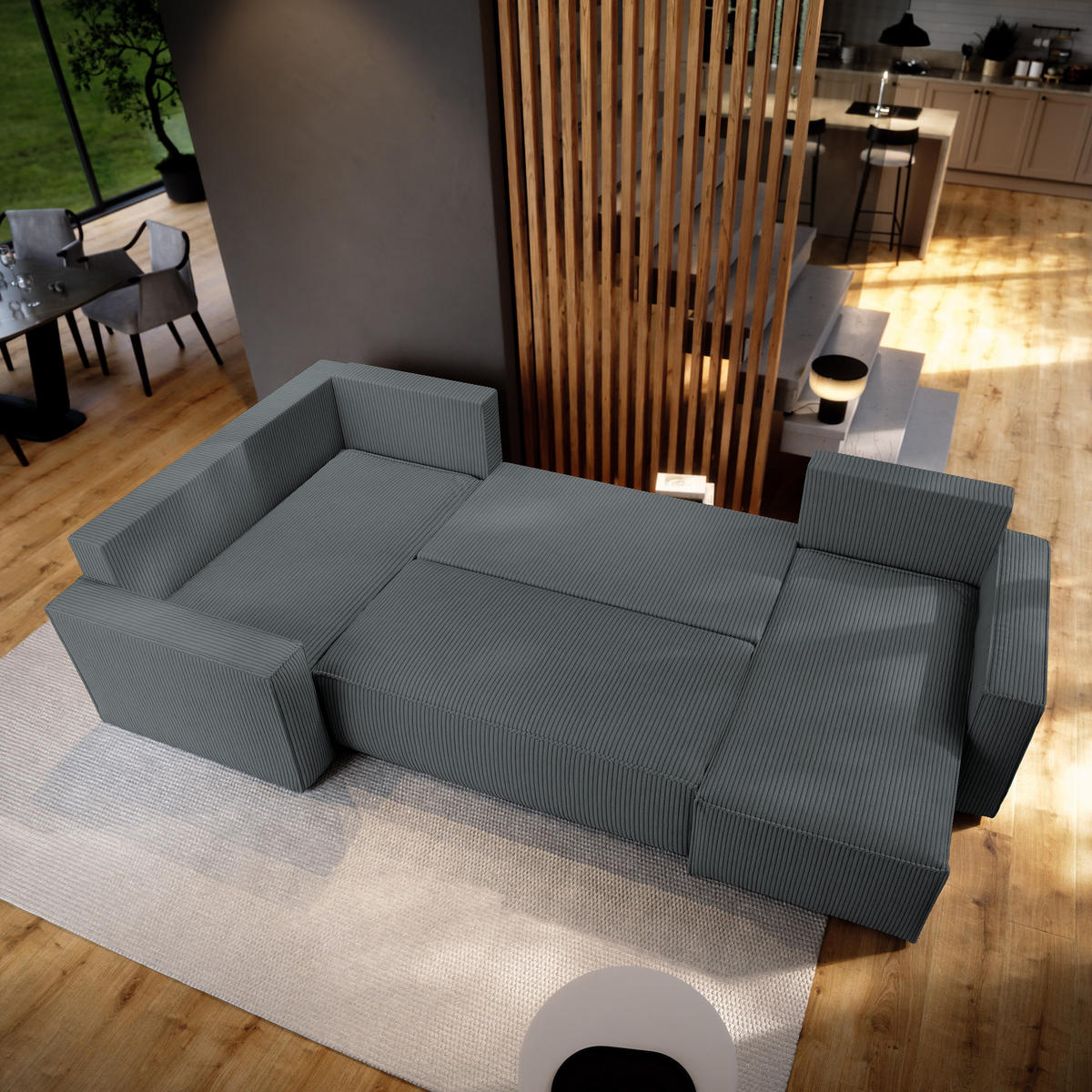 WOHNLANDSCHAFT NORENA L-S Grau Kordstoff mit Schlaffunktion - Grau, Holz (295/85/157.5cm) - MASSENO