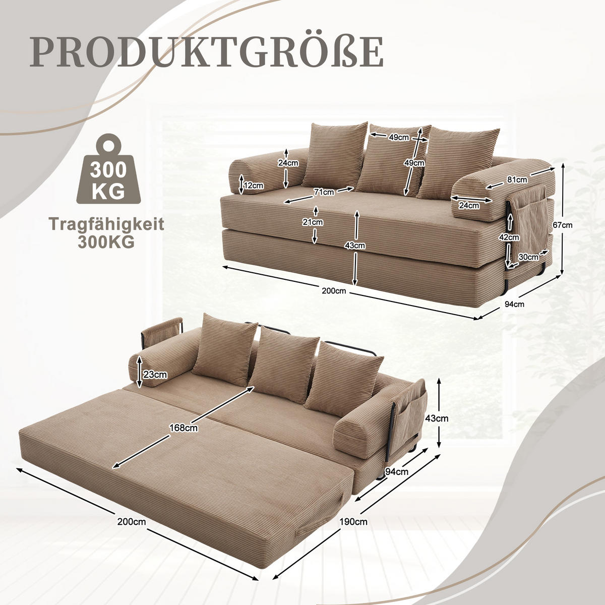 SCHLAFSOFA 200/94/67 cm khaki mit Seitentaschen plus und 3 Kissen - Sandfarben, Textil (200/67/94cm) - Oxeza