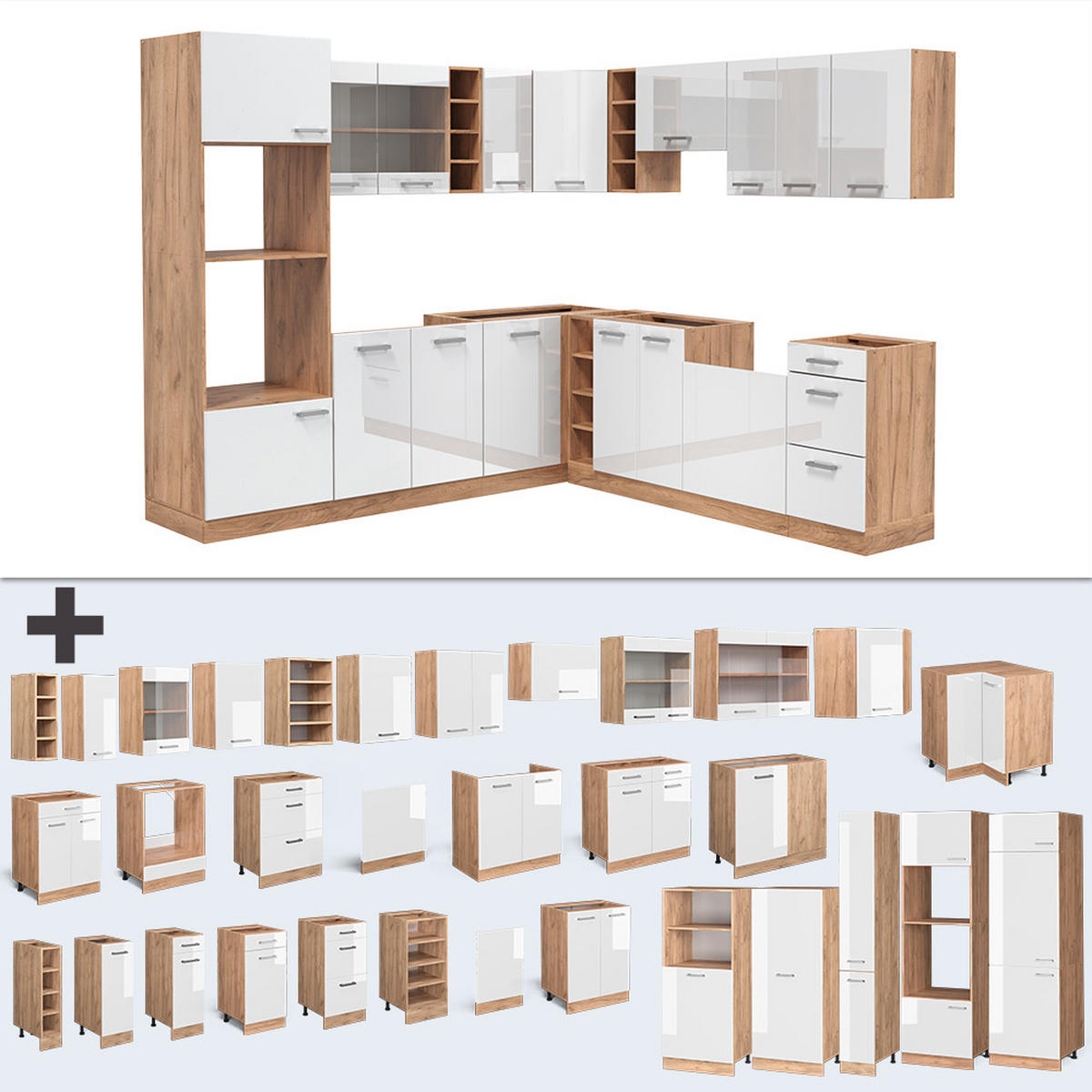 ECKKÜCHE R-Line Weiß Hochglanz/Goldkraft Eiche 237 x 60 cm ohne AP - Weiß Hochglanz/Eiche Wotan, Holzwerkstoff (247/81.6/46cm) - Vicco