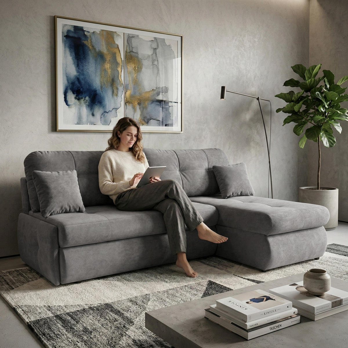 ECKSCHLAFSOFA Tino mit Schlaffunktion und Bettkasten, universeller Ottomane, Grau - Grau, Textil (216/155cm) - Beautysofa