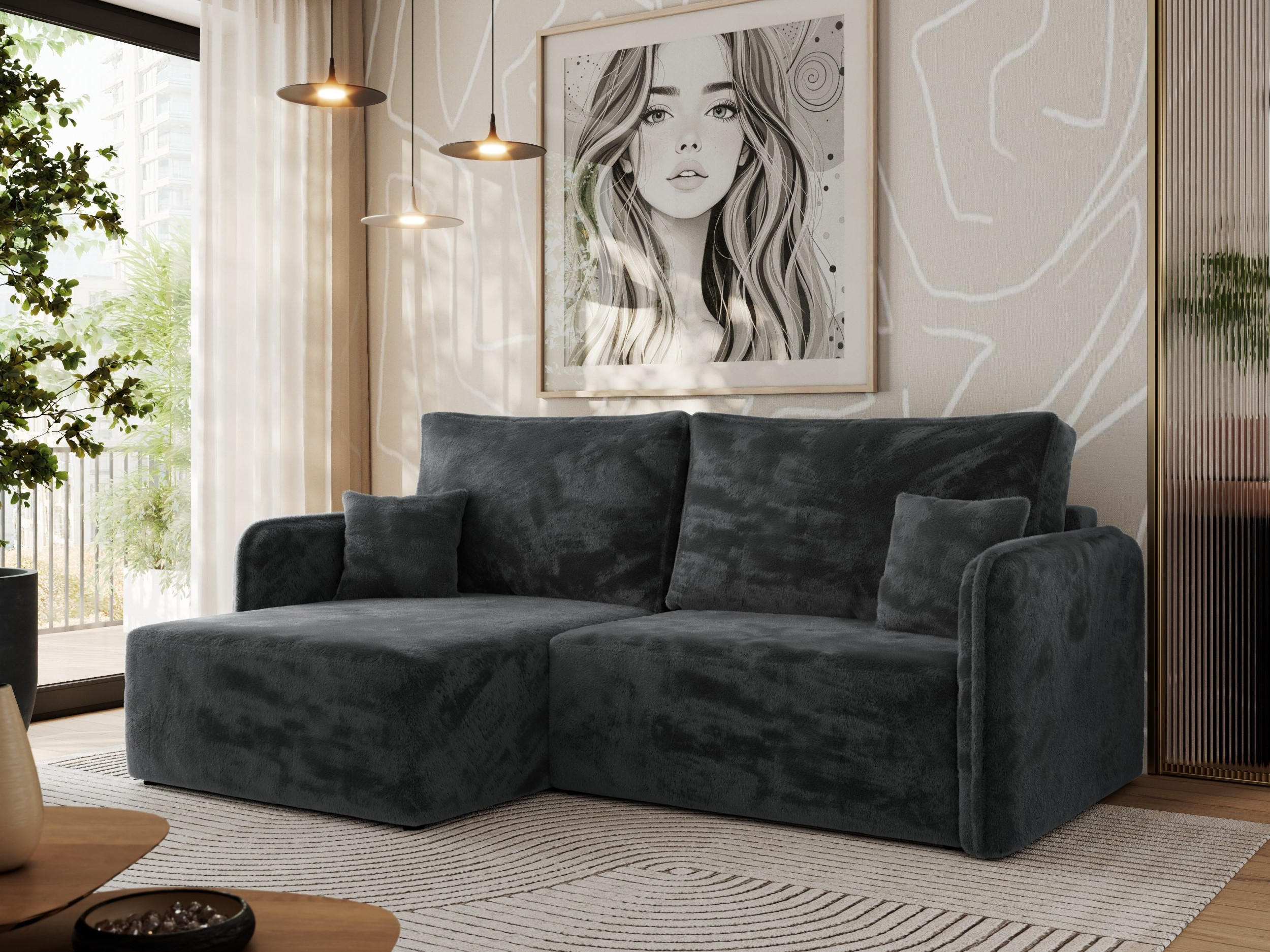 ECKSCHLAFSOFA MESTO L Dunkelgrau Plüsch - links - Dunkelgrau/Schwarz, Kunststoff/Textil (227/147cm) - MKS