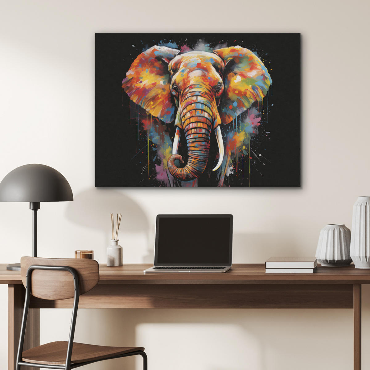 AKUSTIKPANEEL Elefant - Graffiti - Schwarz - Tiere - Farben 80x60 cm - Schwarz, Textil (80/0.9/60cm) - MuchoWow